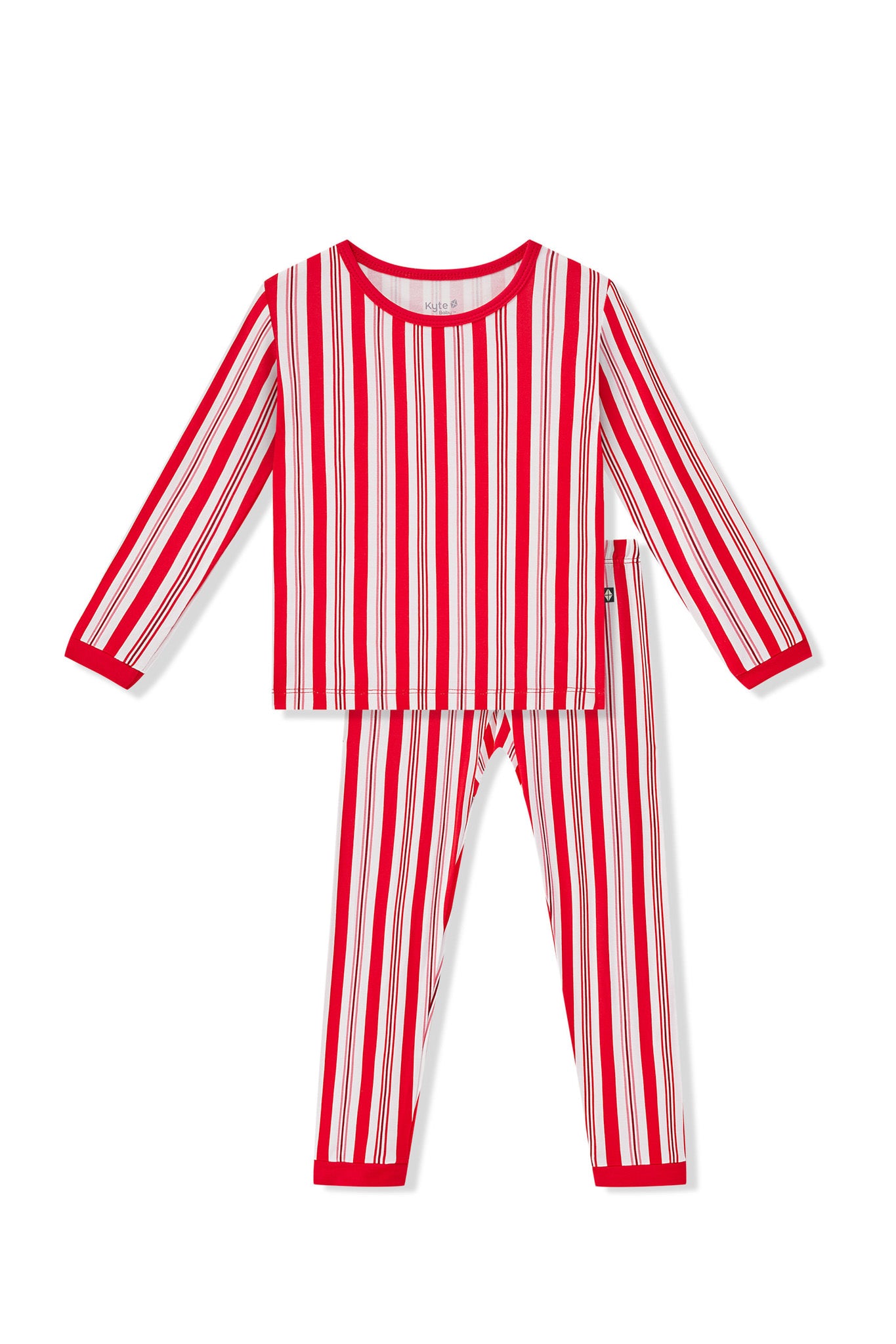 Long Sleeve Pajamas in red and white Peppermint Stripes print on a white background
