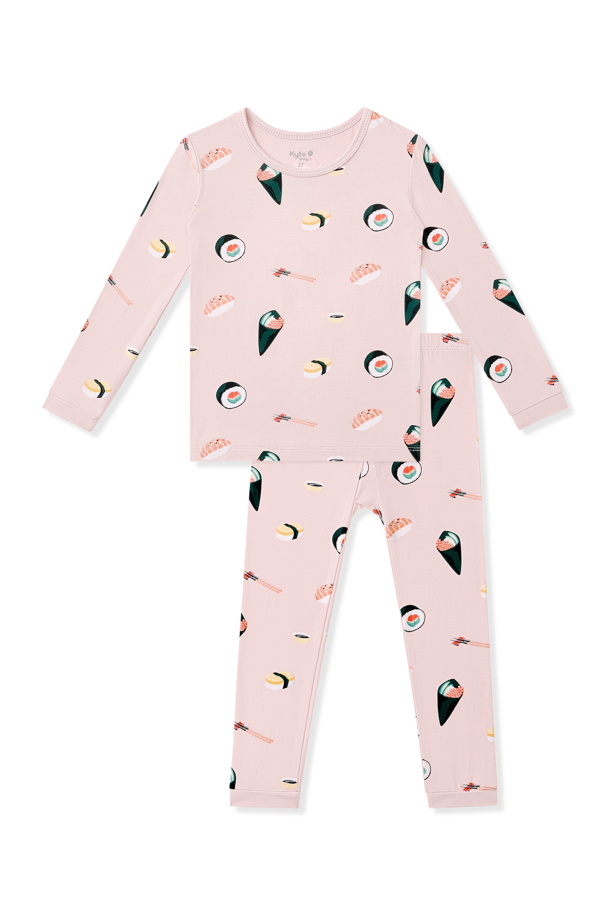 Children's pajama set with sushi design on a light pink background