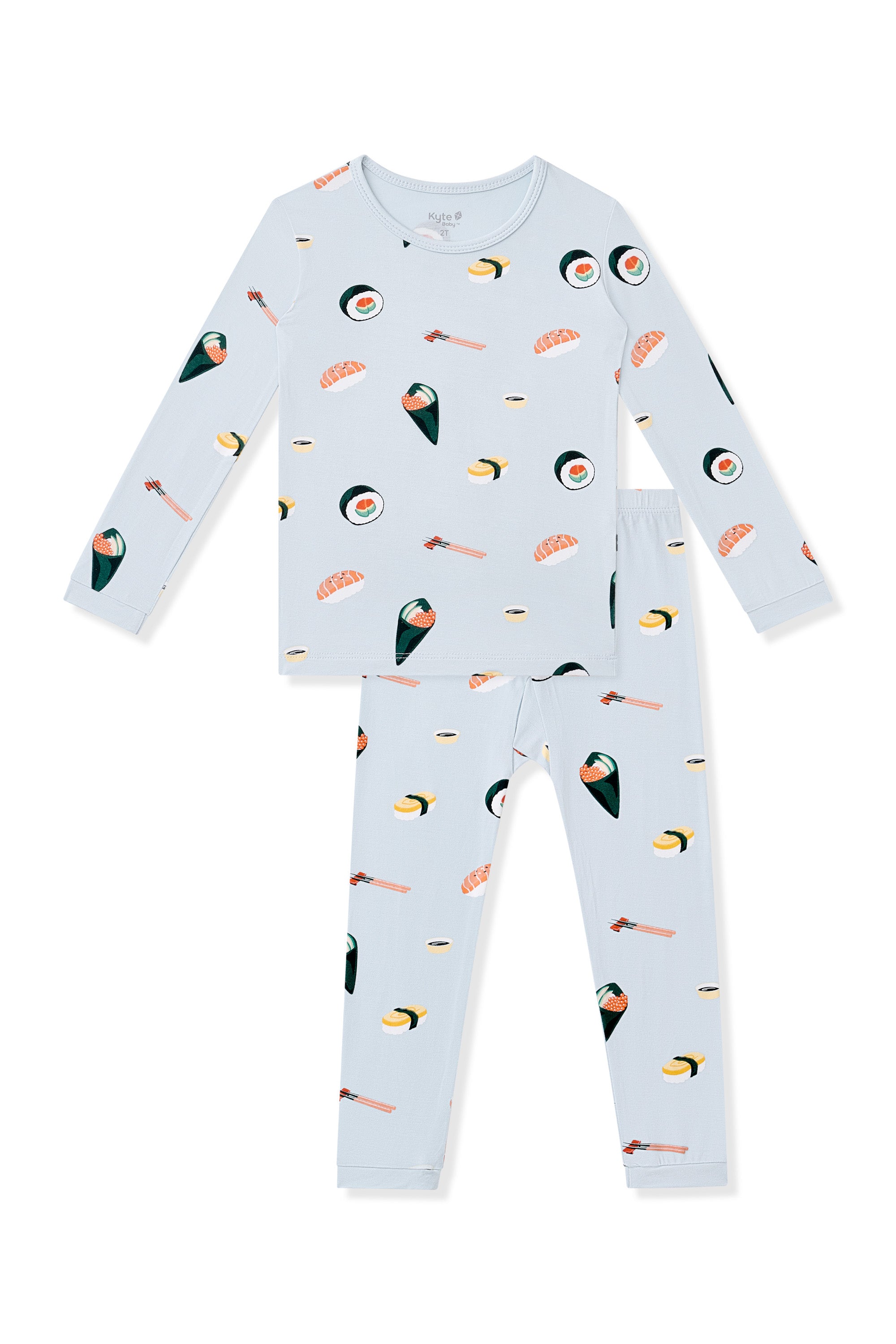 Children's pajama set with sushi design on a light blue background