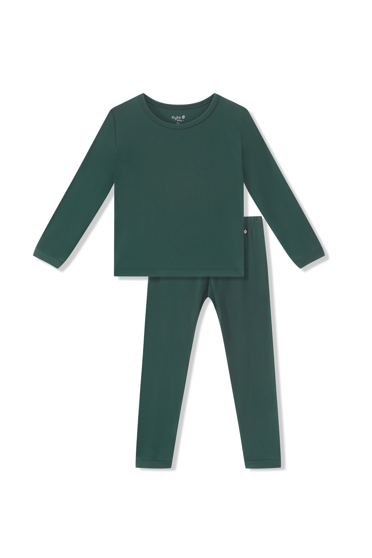A two-piece children's pajama set in a dark forest green color, featuring a long-sleeve top and matching pants, laid flat on a white background.