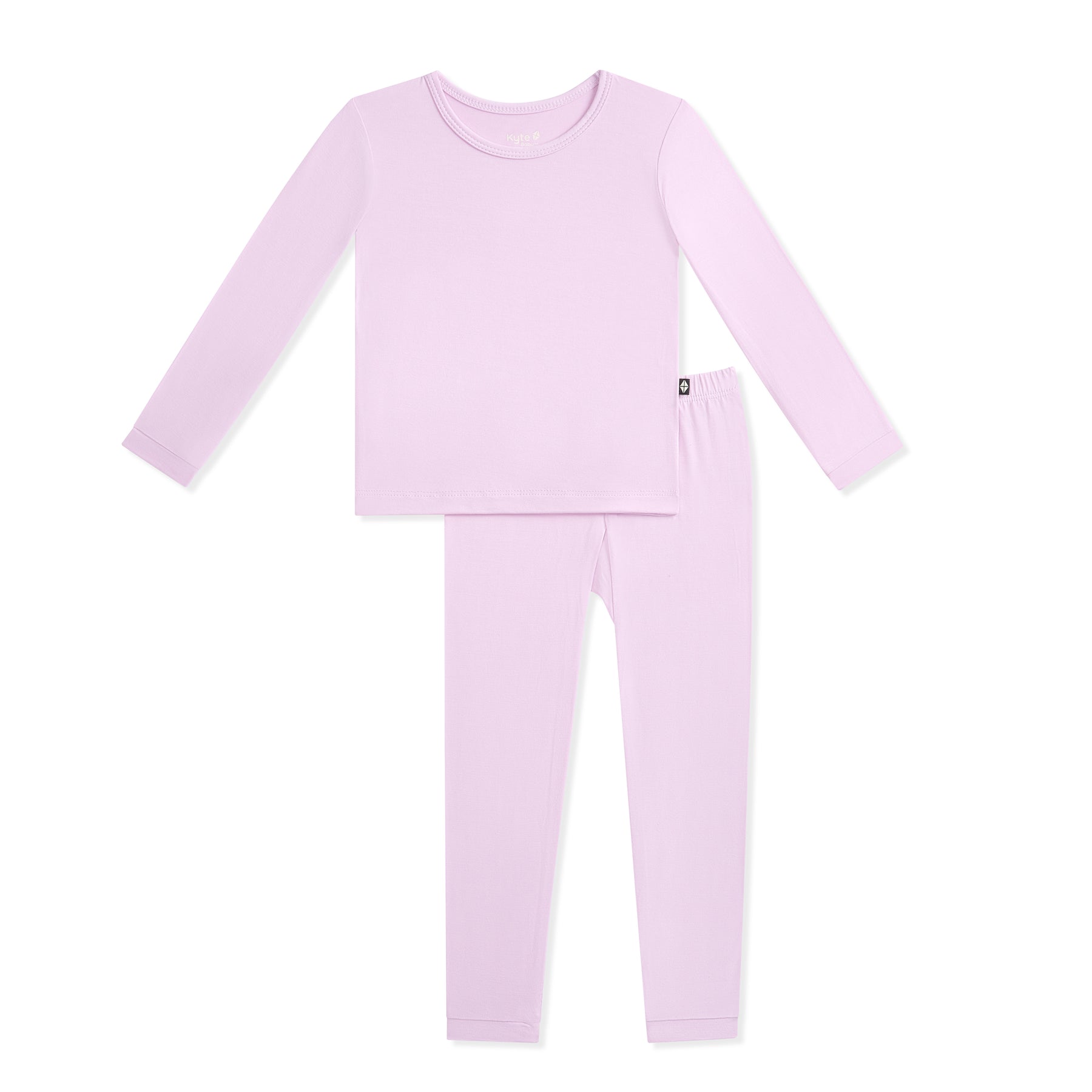 Lavender pajama set with long-sleeve top and pants on a white background