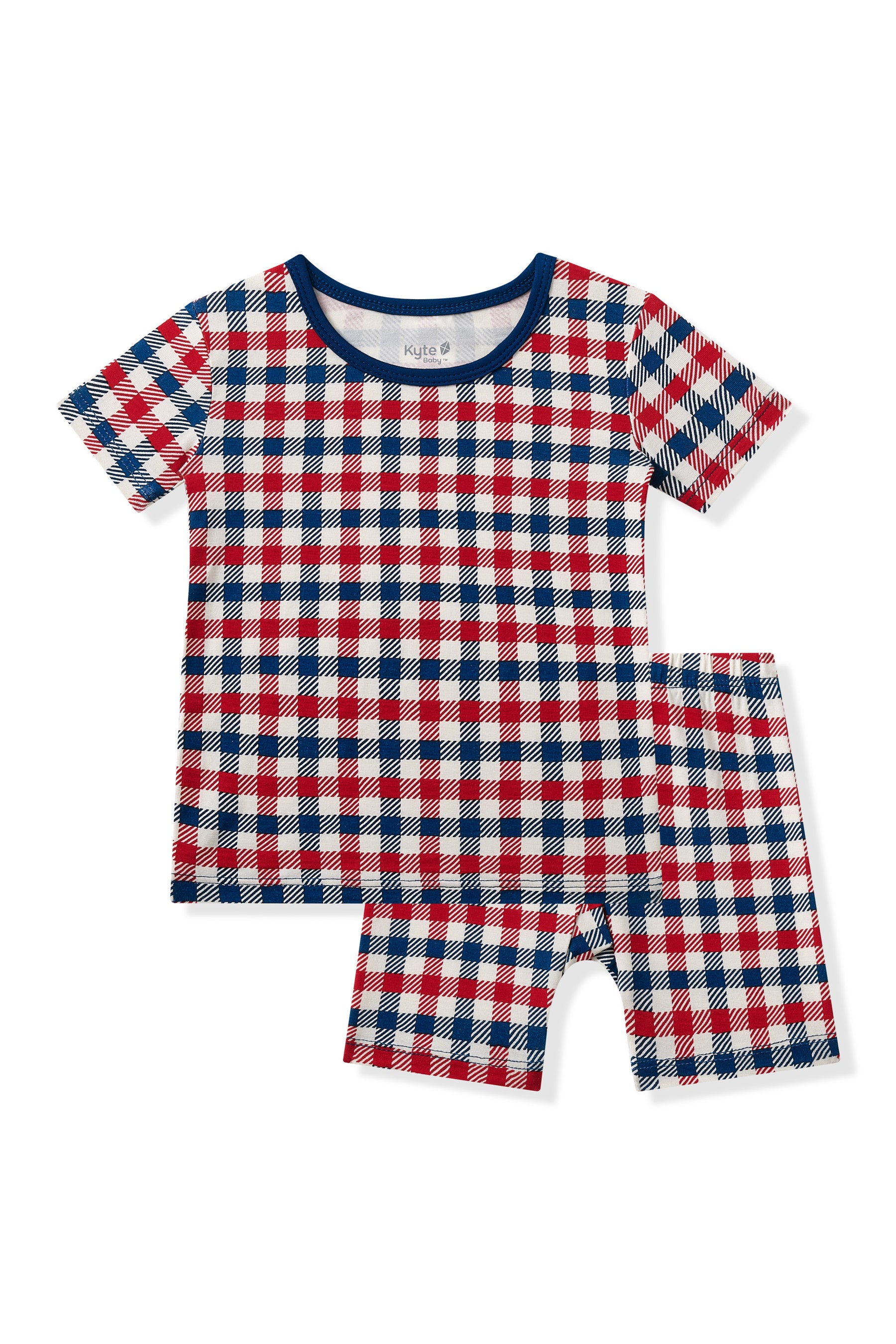 Short Sleeve Pajamas in red blue and white Patriotic Gingham check print on a white background