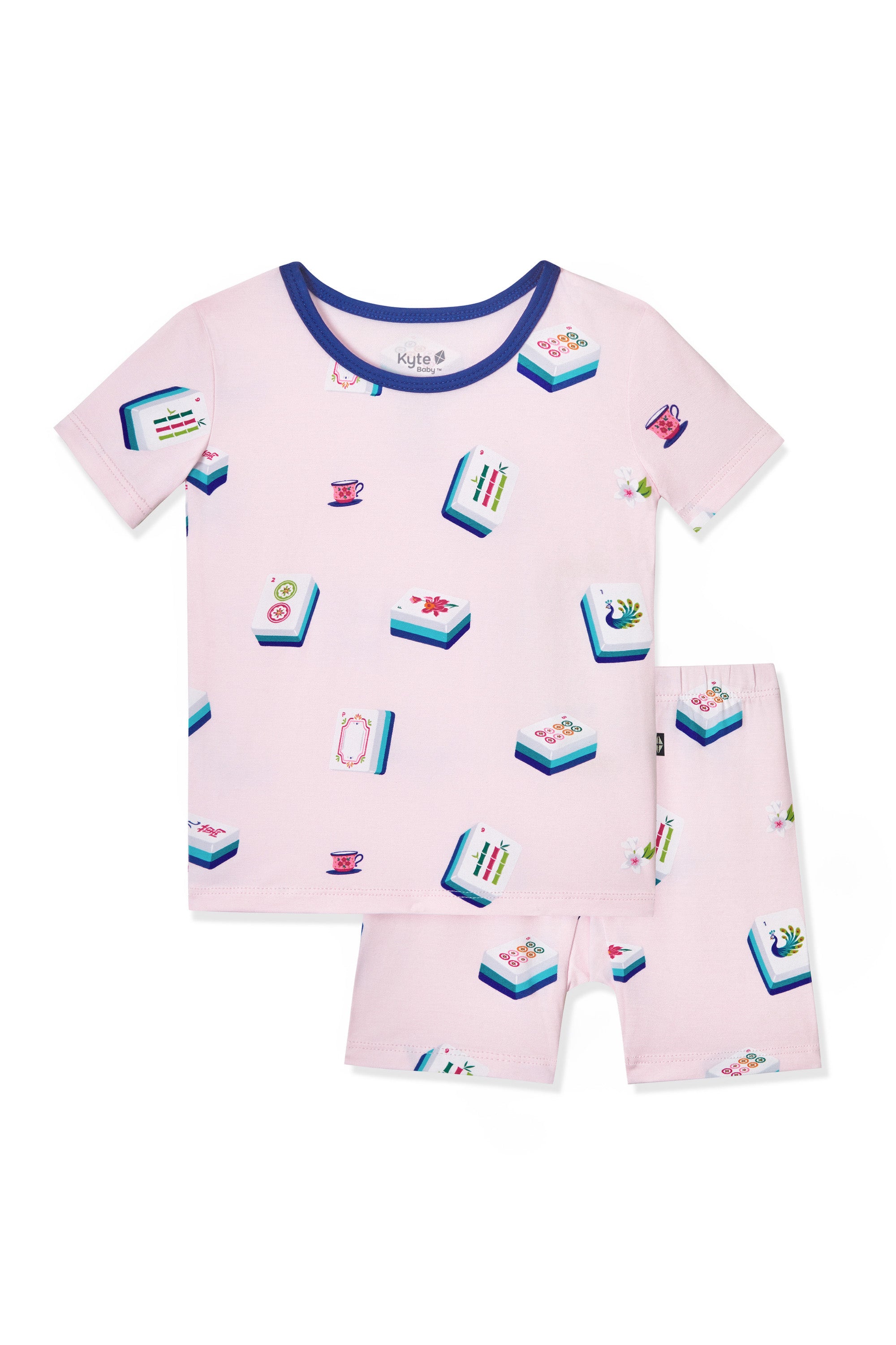 Pink Short Sleeve Pajamas with Mahjong pattern on a white background