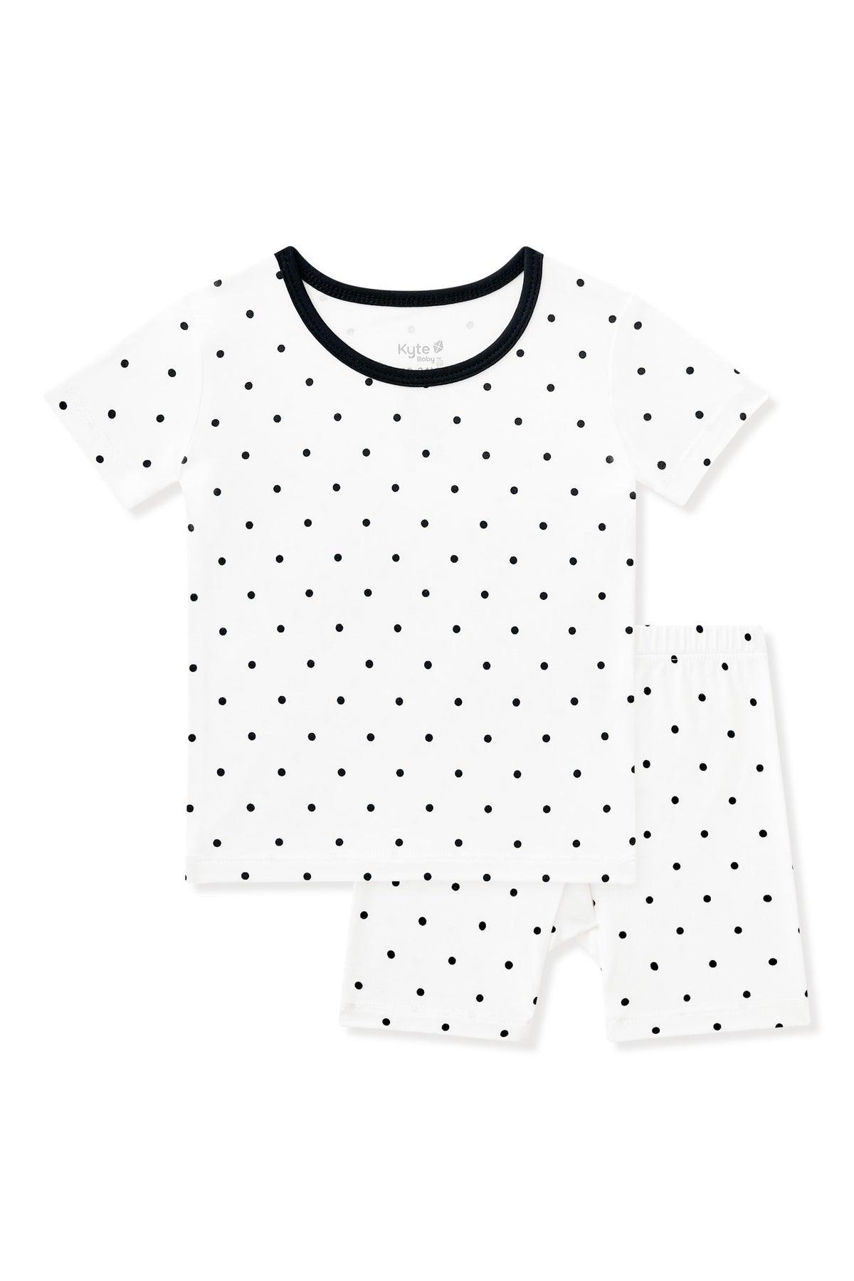 Short Sleeve Pajamas in Midnight Polka Dot with black trim on the neck on a white background