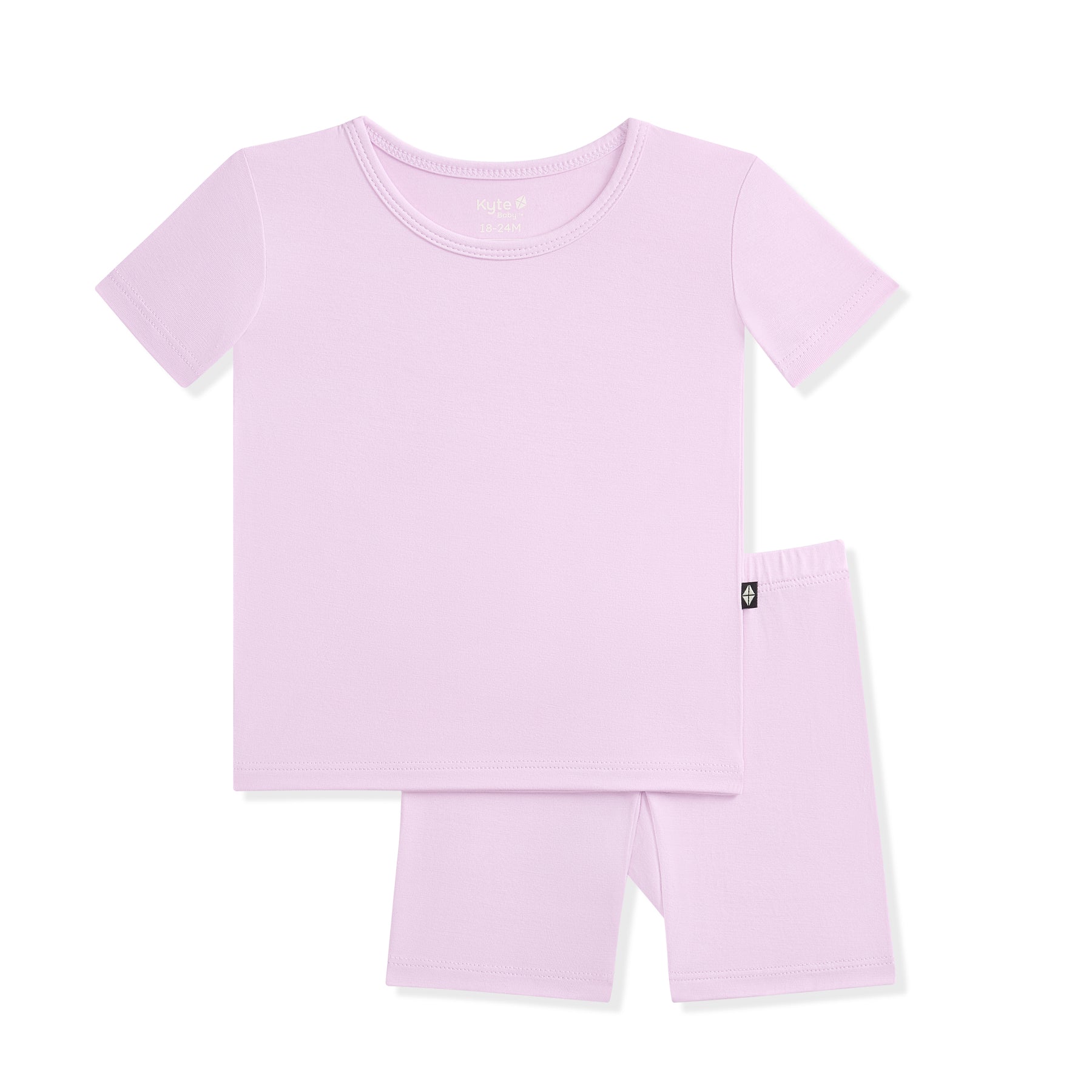 Lavender short sleeve top and shorts pajama set on a white background