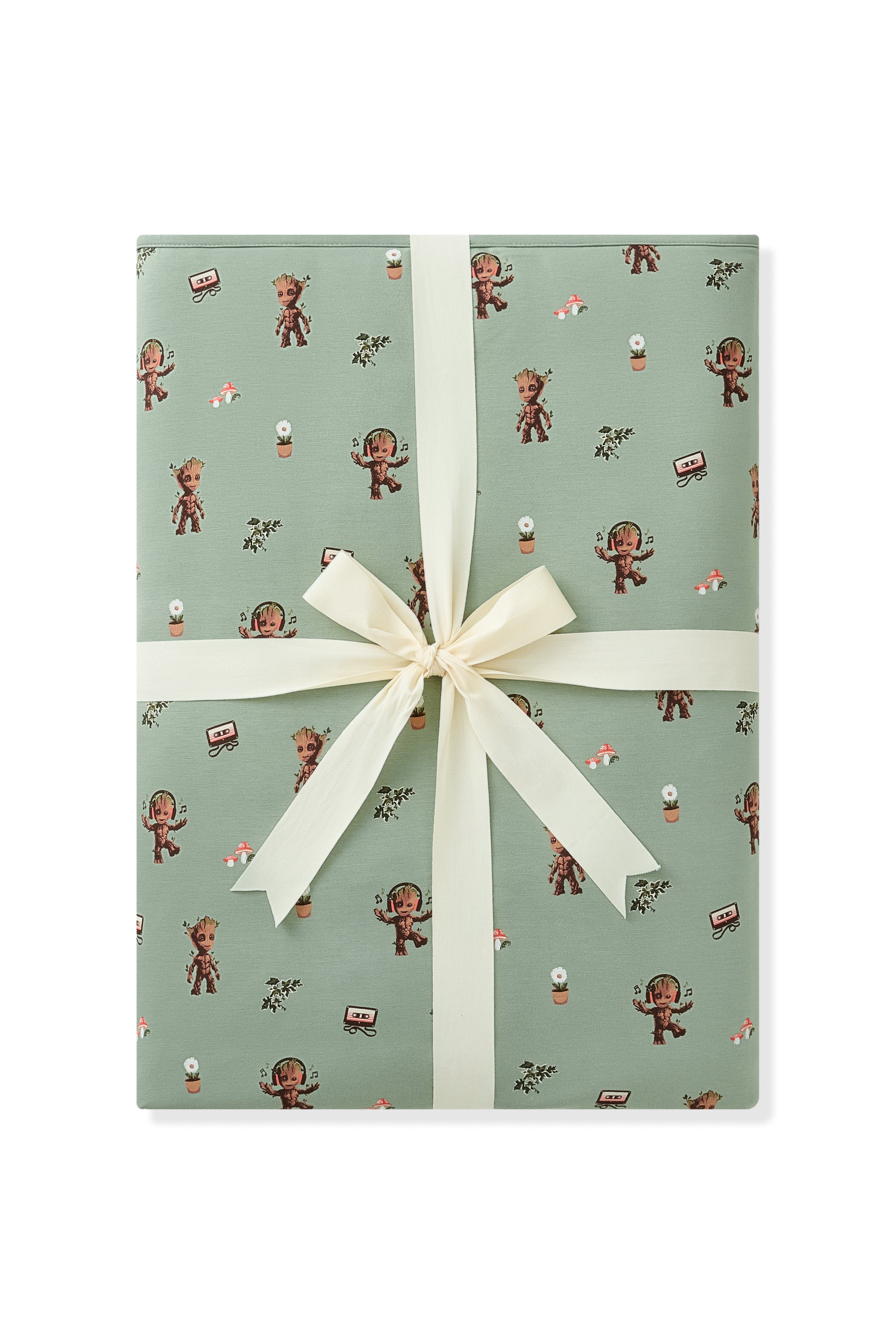 Green Youth Blanket in Groot print packed with ribbon on white background