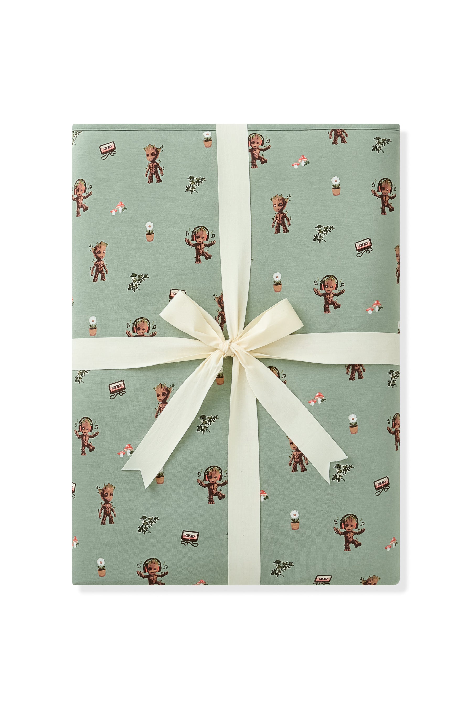 Green Youth Blanket in Groot print packed with ribbon on white background