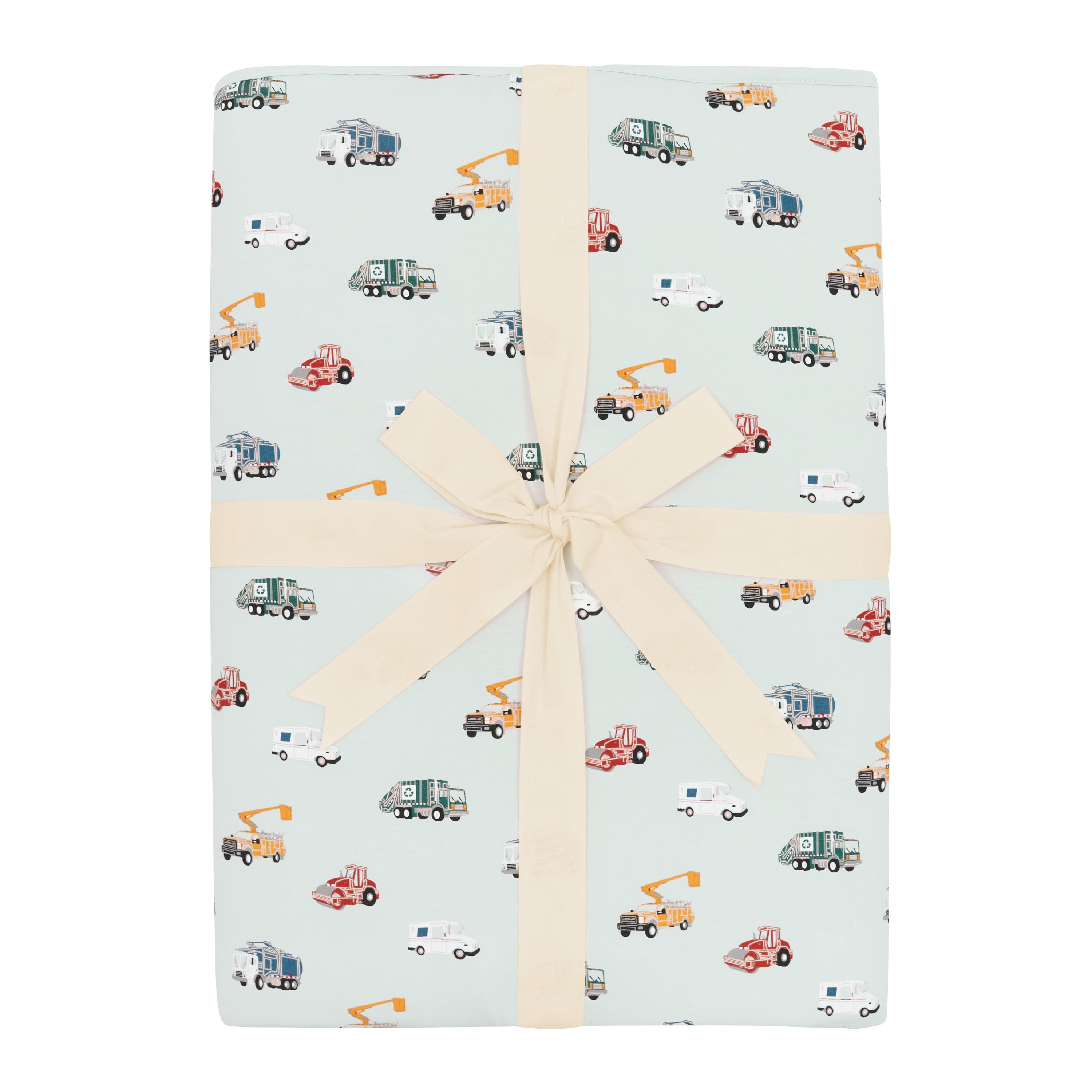 Youth Blanket in City Vehicles 2.5 shown in its packaging tied in a linen bow