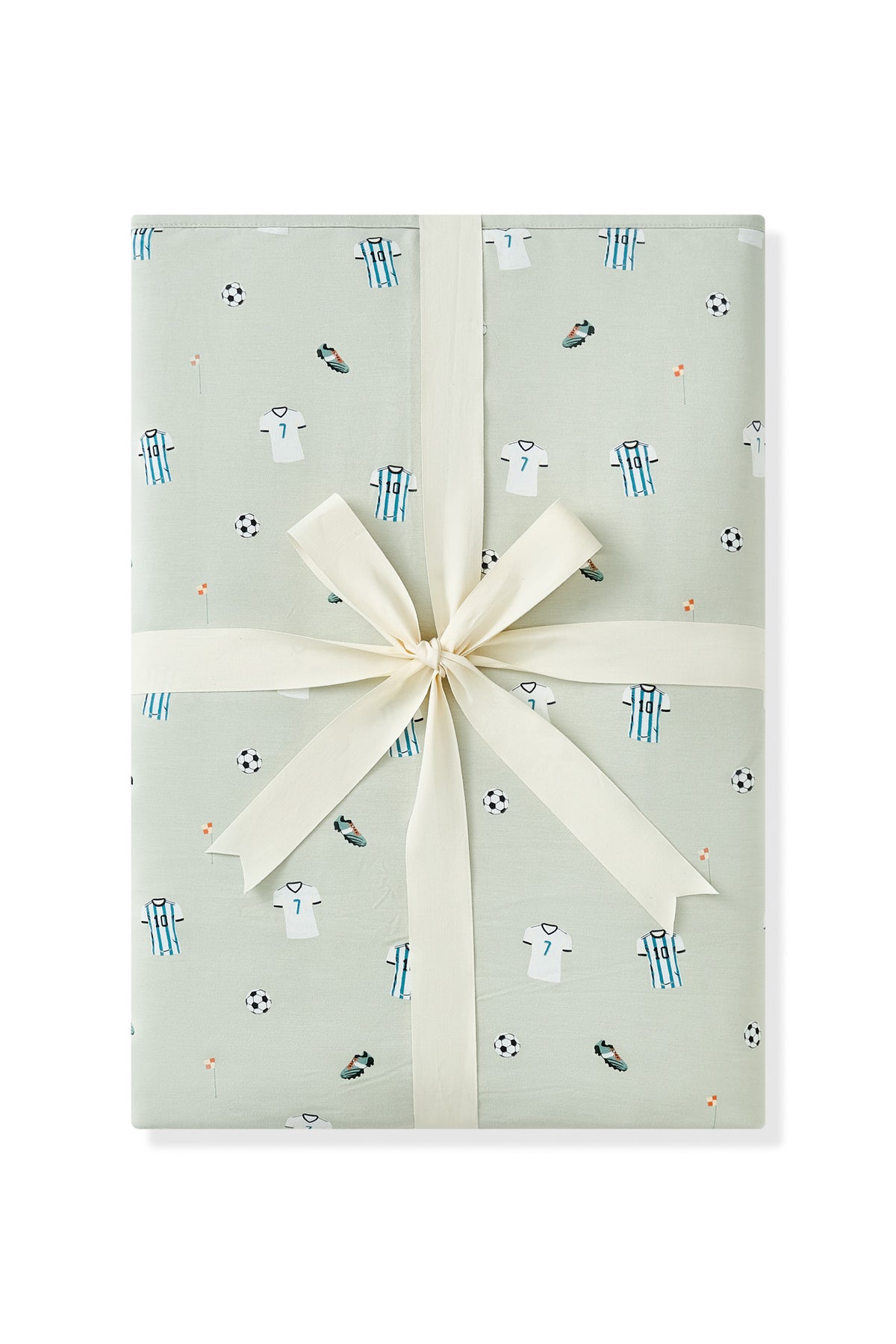 Youth Blanket in Soccer print packed in ribbon on white background