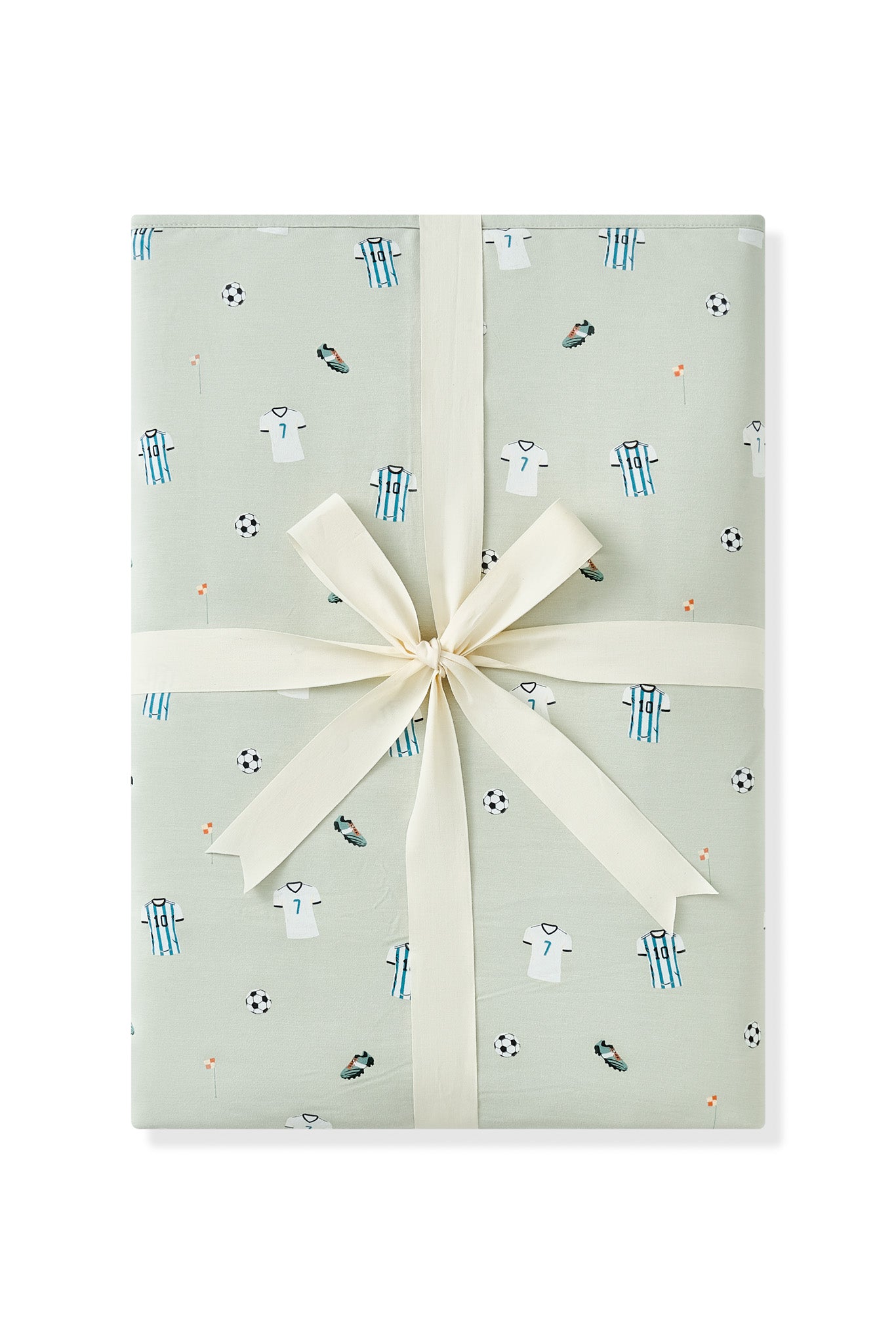 Youth Blanket in Soccer print packed in ribbon on white background