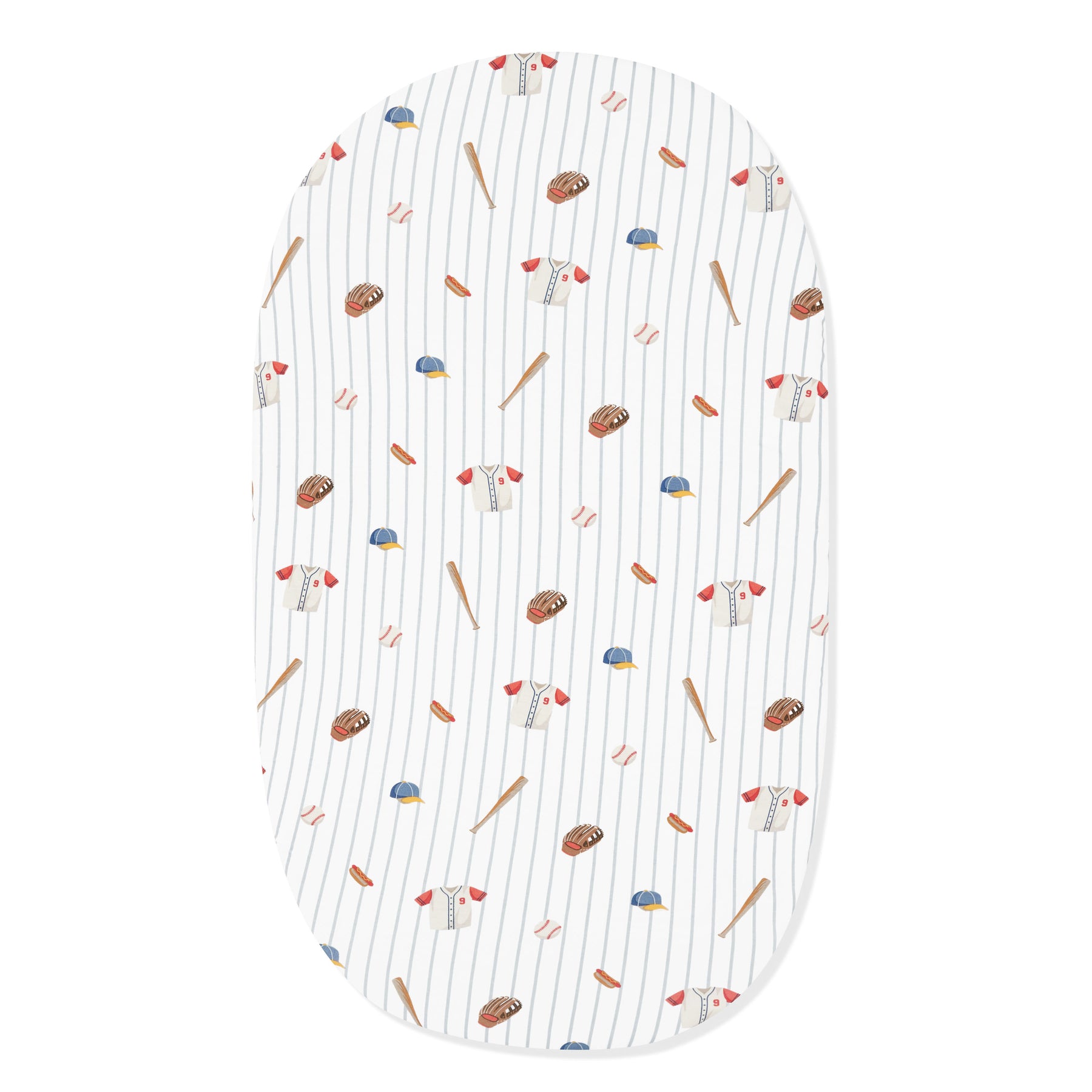 Oval Bassinet Sheet in Home Run shown on an oval mattress