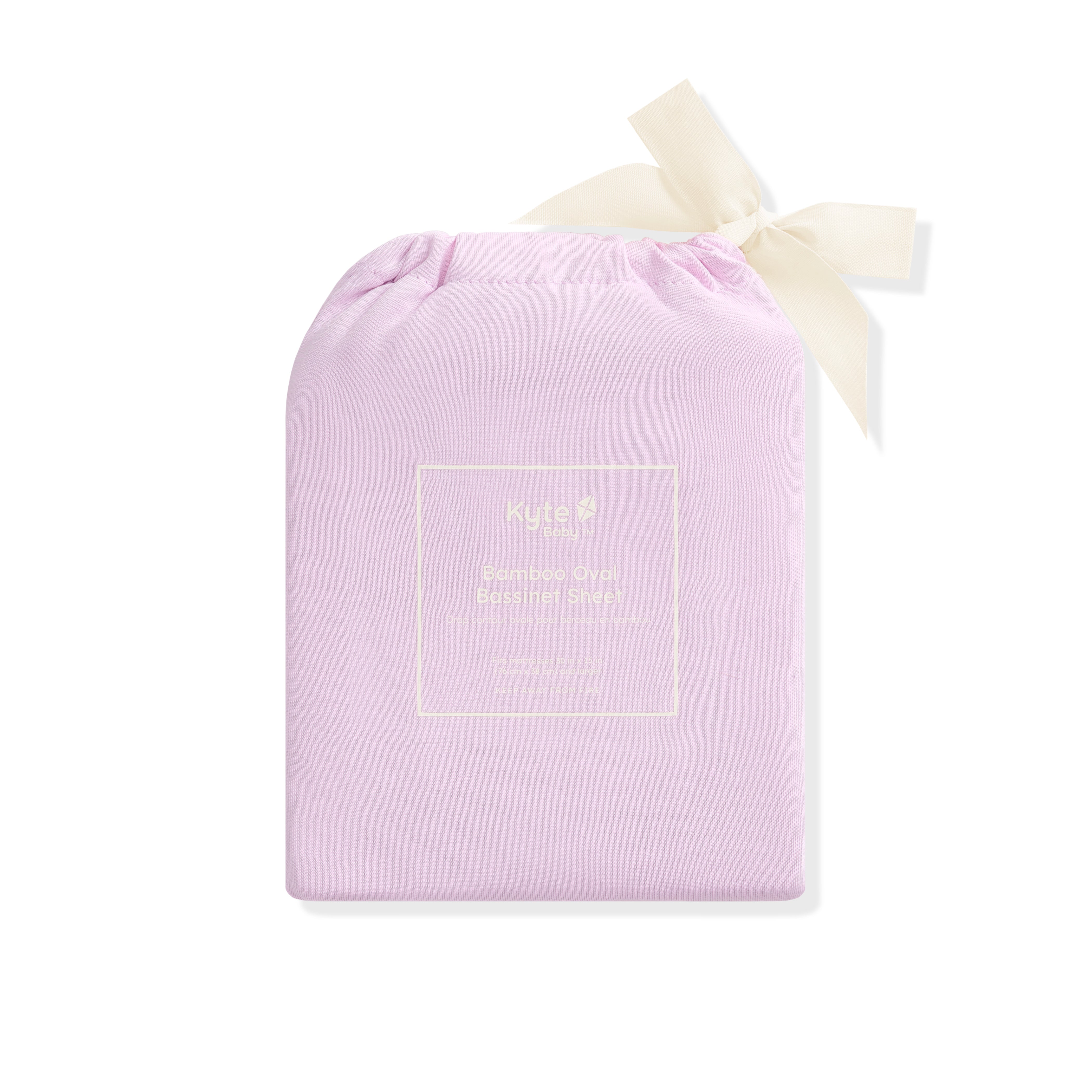 Purple drawstring bag with a white bow on a white background