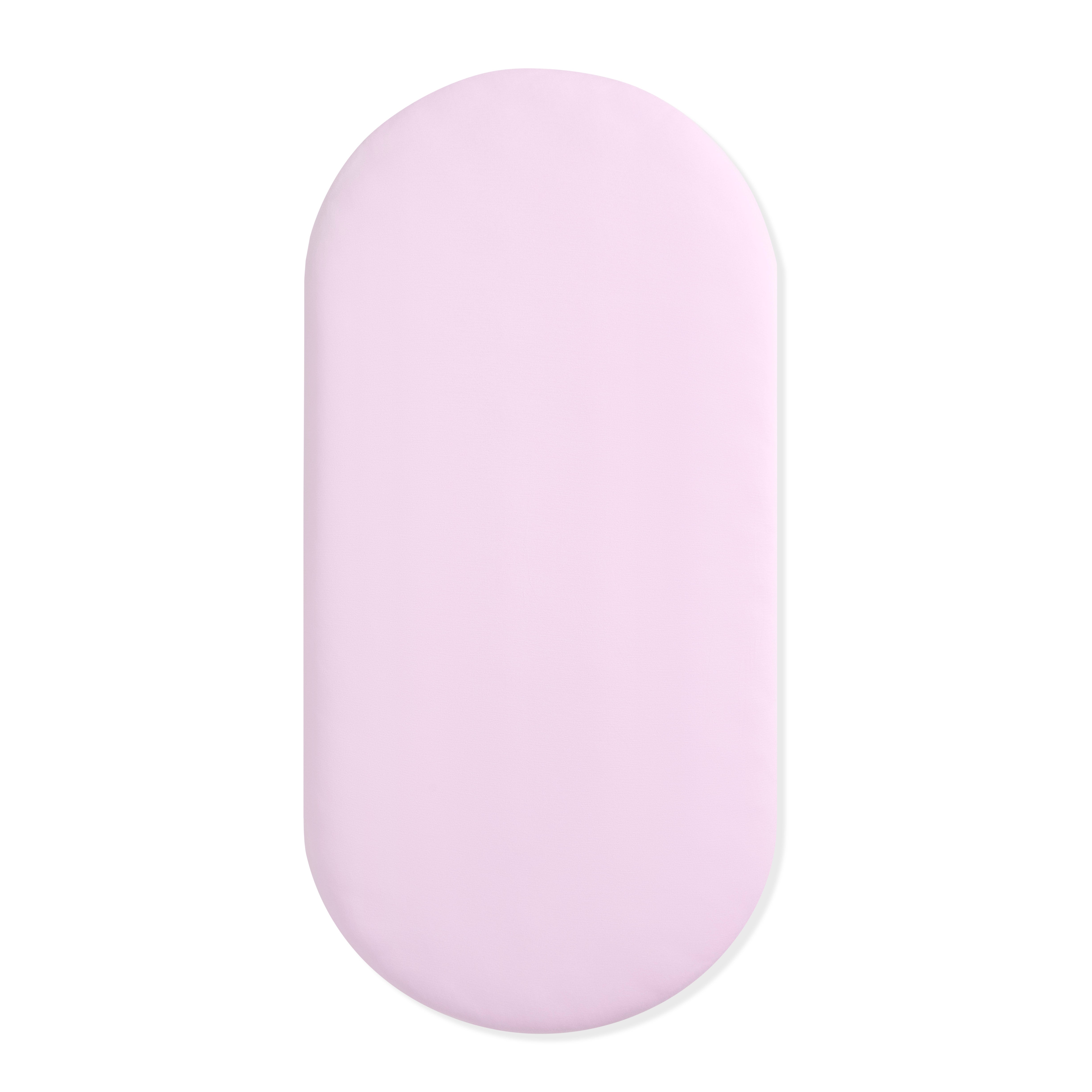 Light purple oval bassinet sheet on a white background