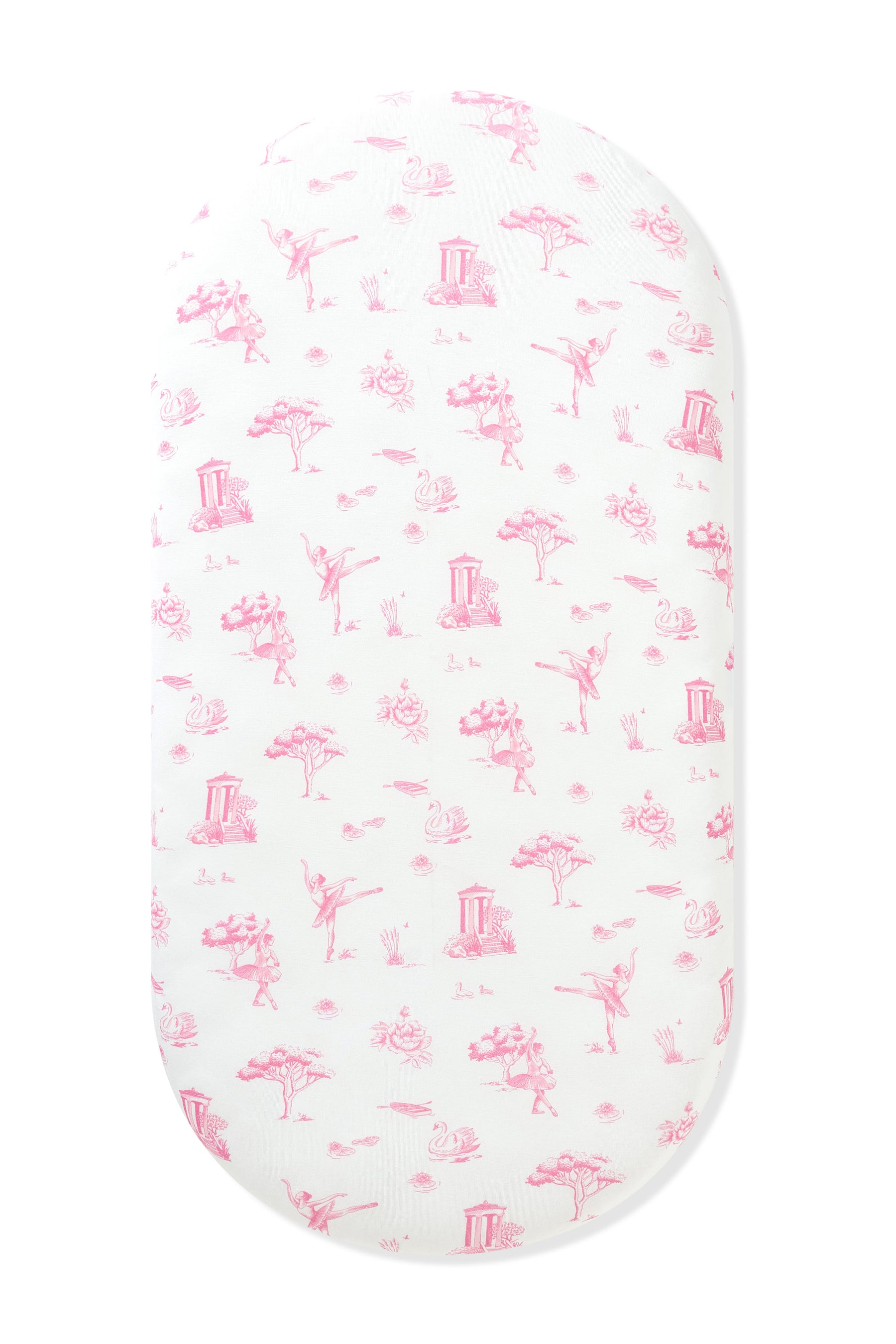 Oval Bassinet Sheet in Toile Ballet on an oval mattress