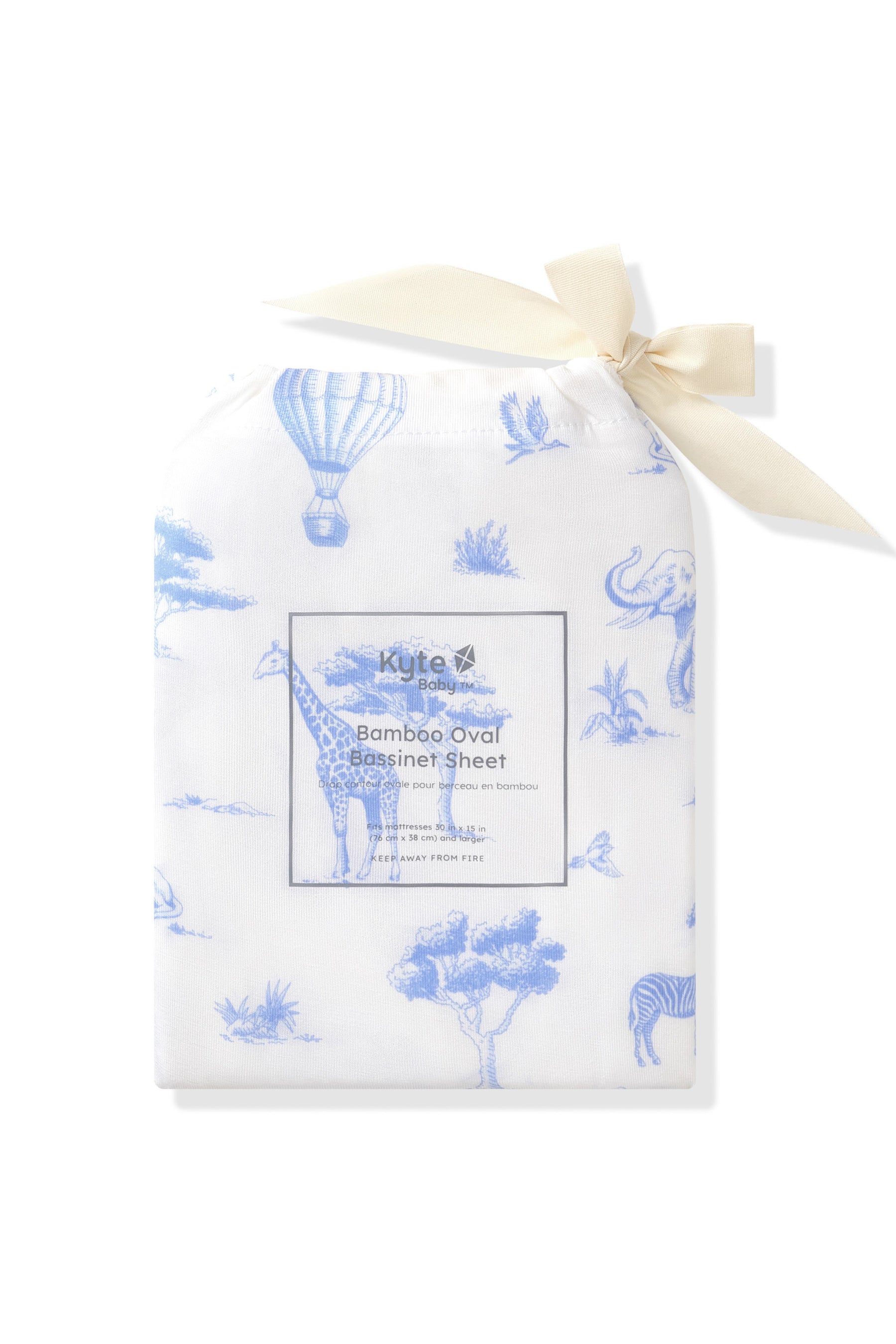 Oval Bassinet Sheet in Toile Safari shown in its packaging
