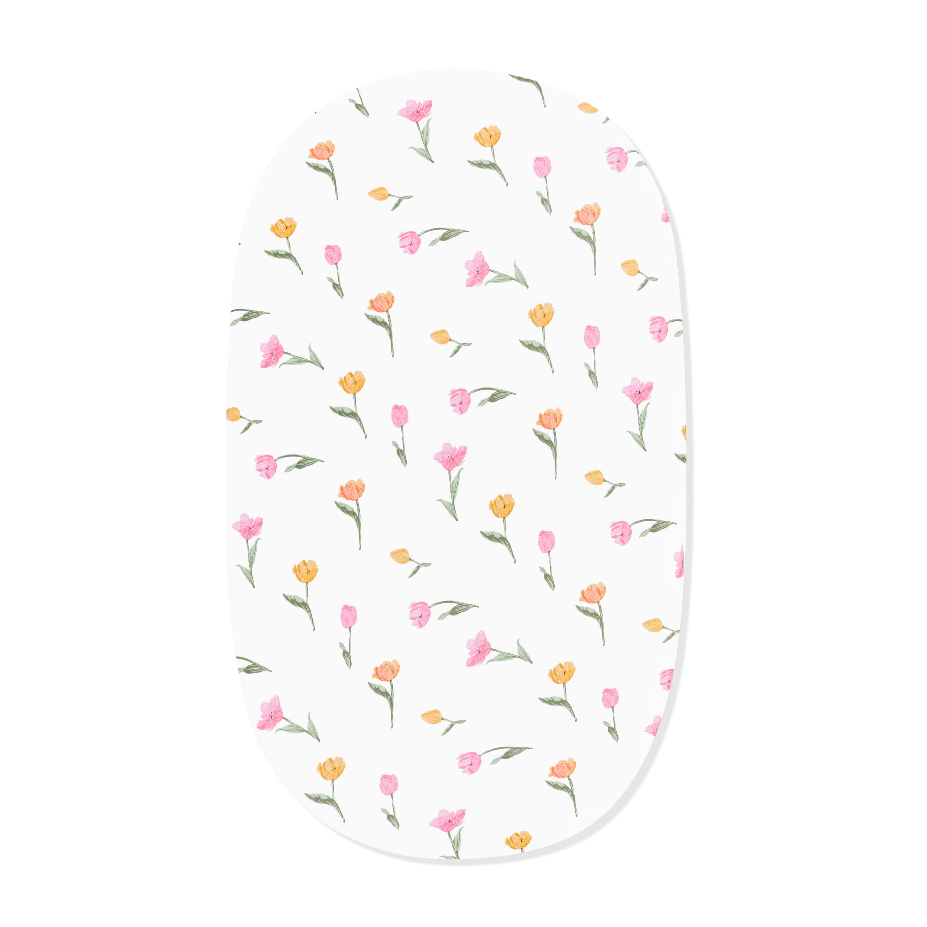 Oval Bassinet Sheet in Tulip shown on an oval bassinet mattress