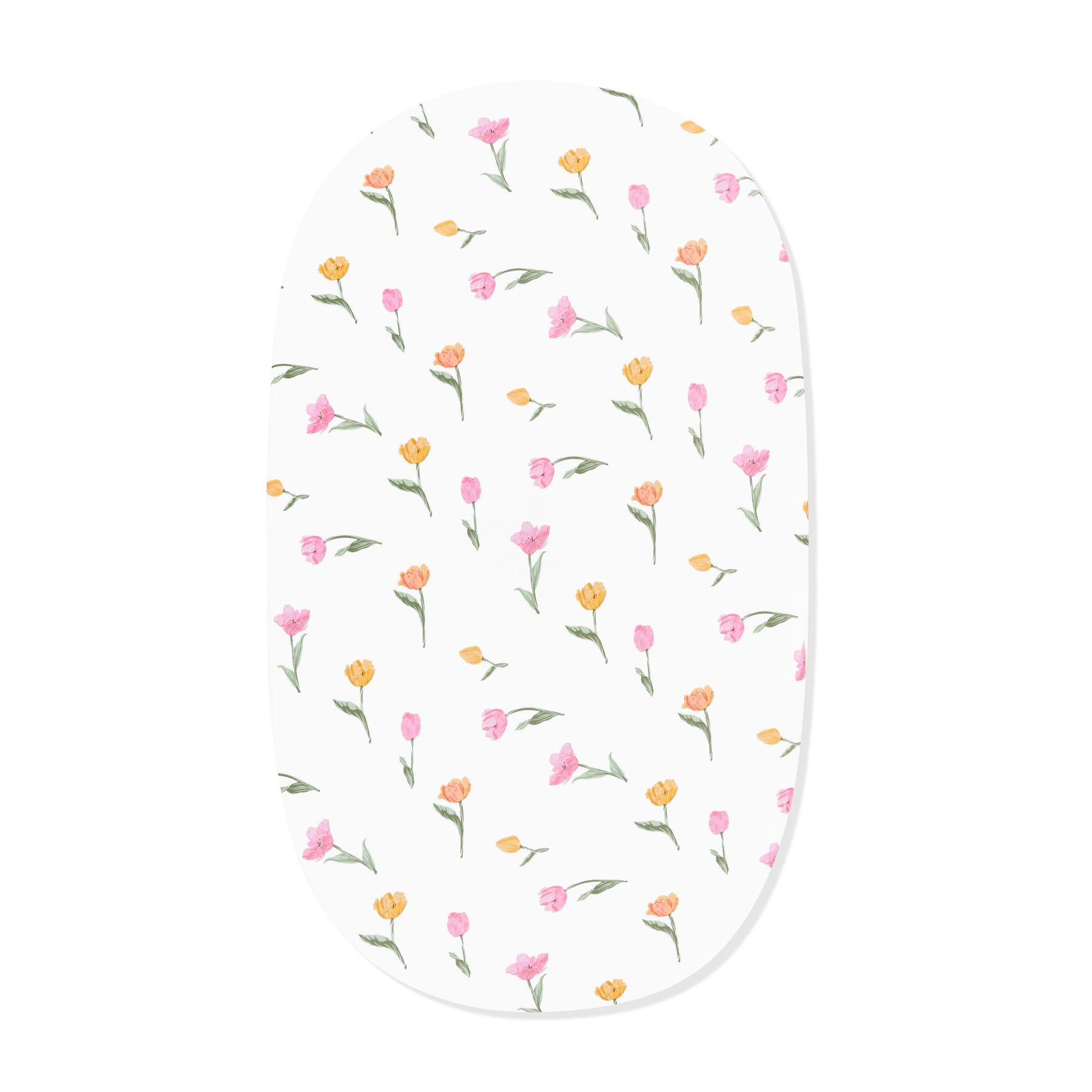 Oval Bassinet Sheet in Tulip shown on an oval bassinet mattress