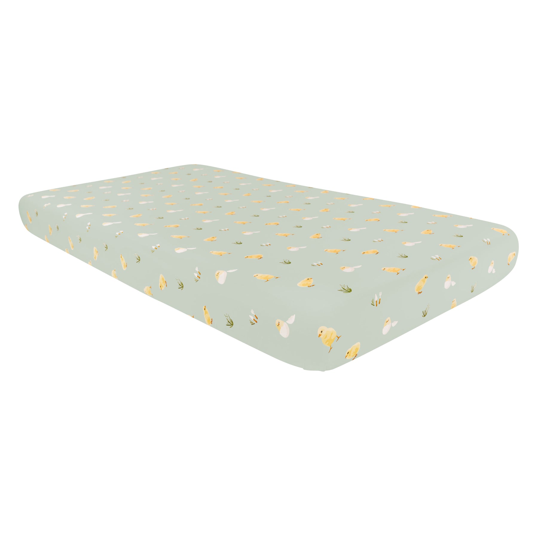 Mini Crib Sheet in Aloe Chick on mattress