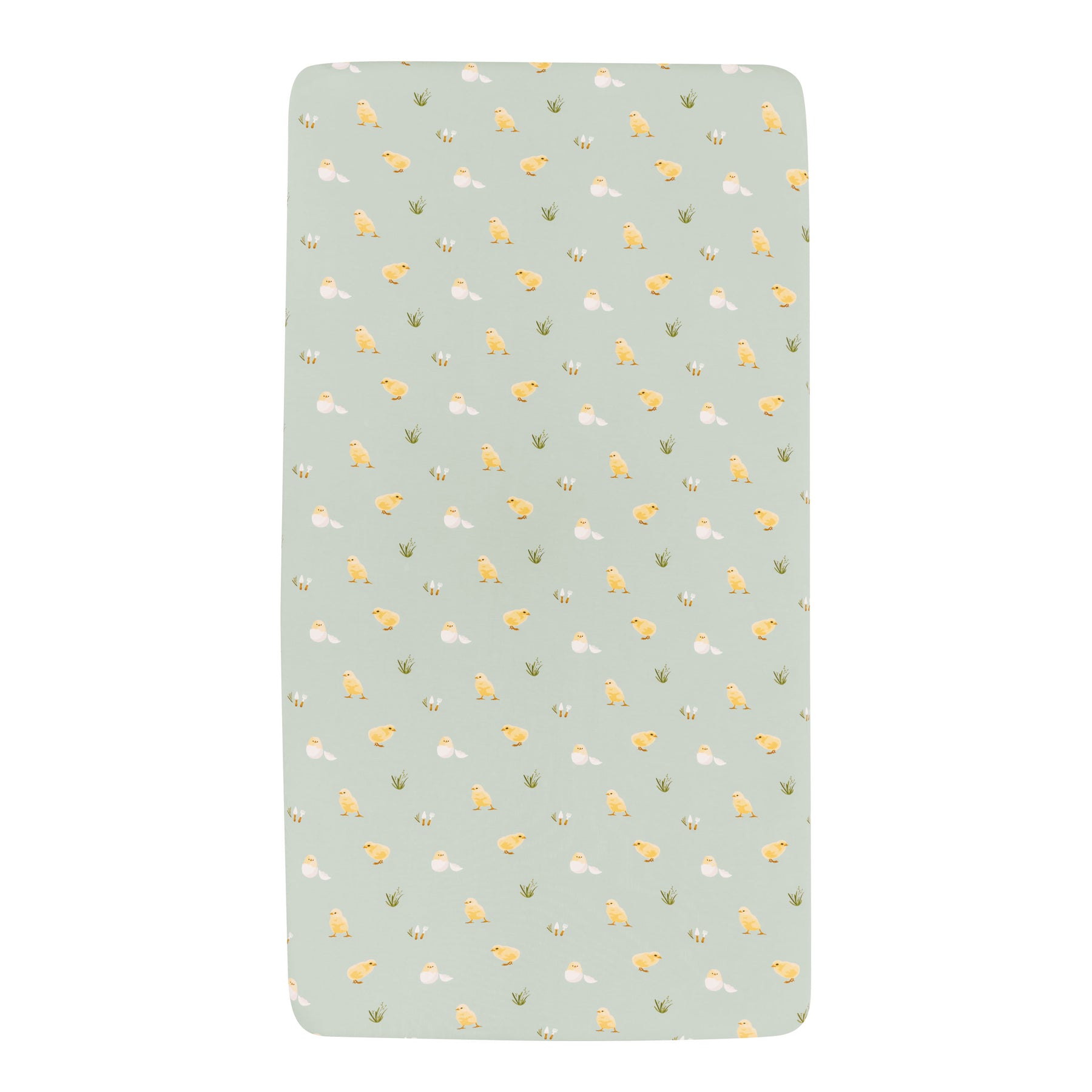 Mini Crib Sheet in Aloe Chick on mattress