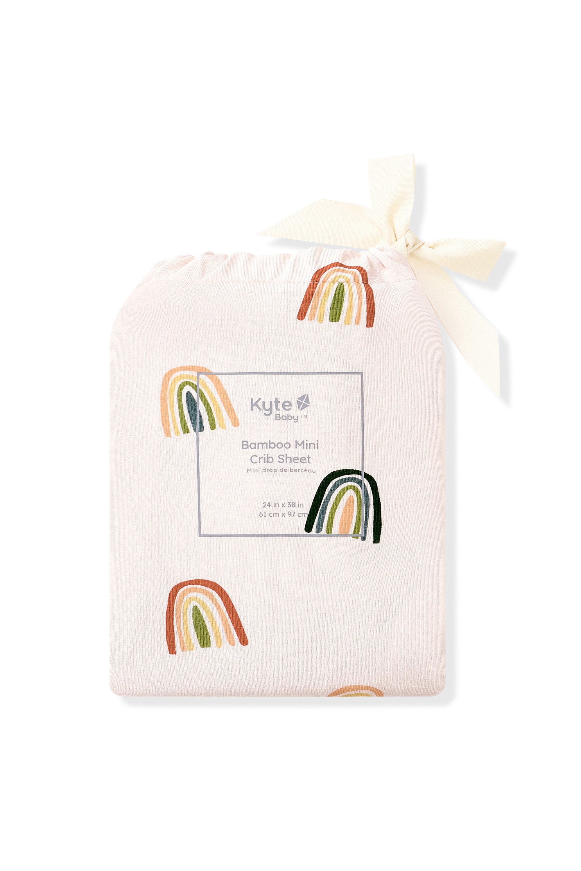 Mini Crib Sheet packed in Vanilla cream bag with Retro Rainbow print on a white background