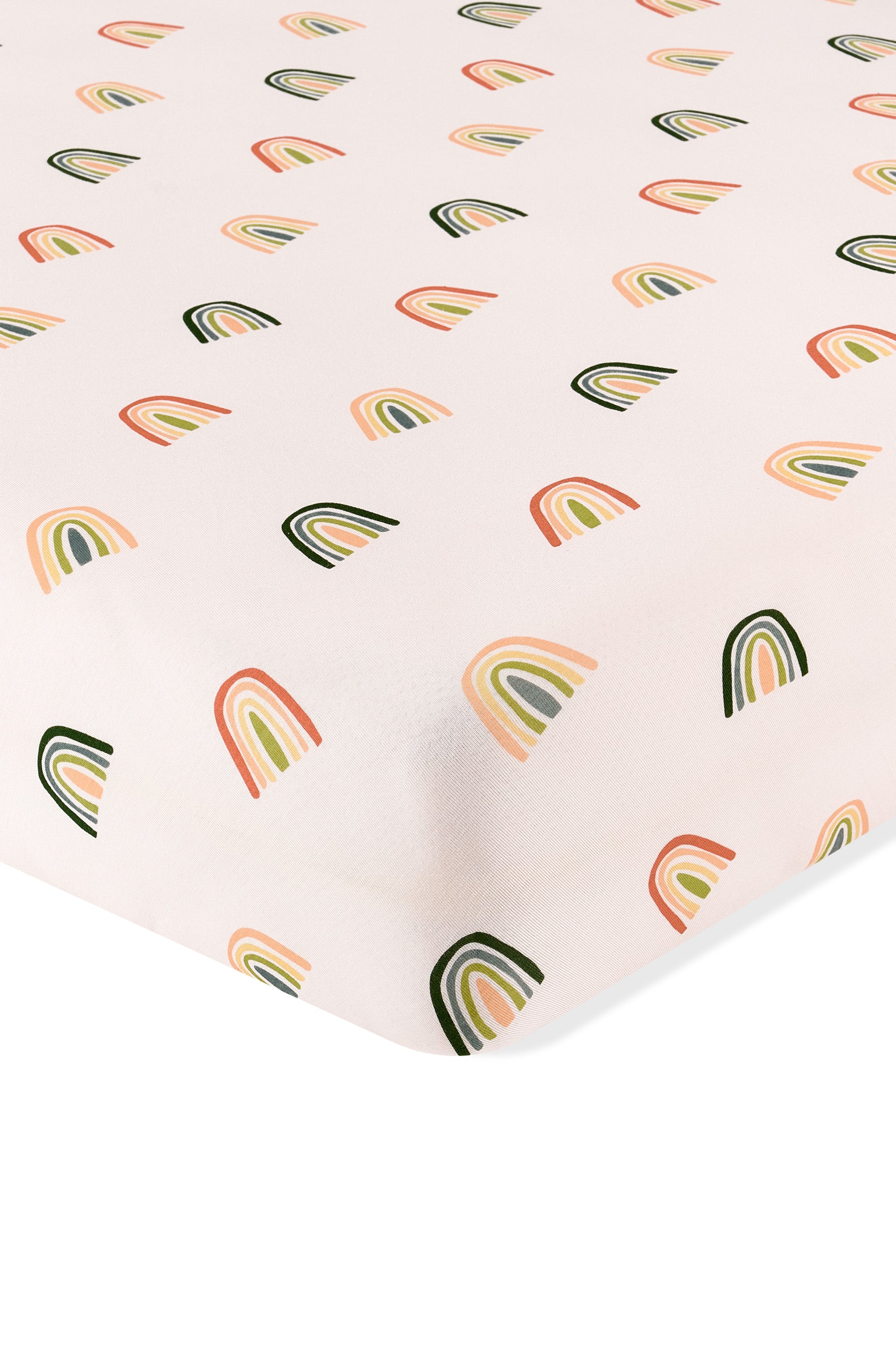 Vanilla cream Mini Crib Sheet in Retro Rainbow print on a white background