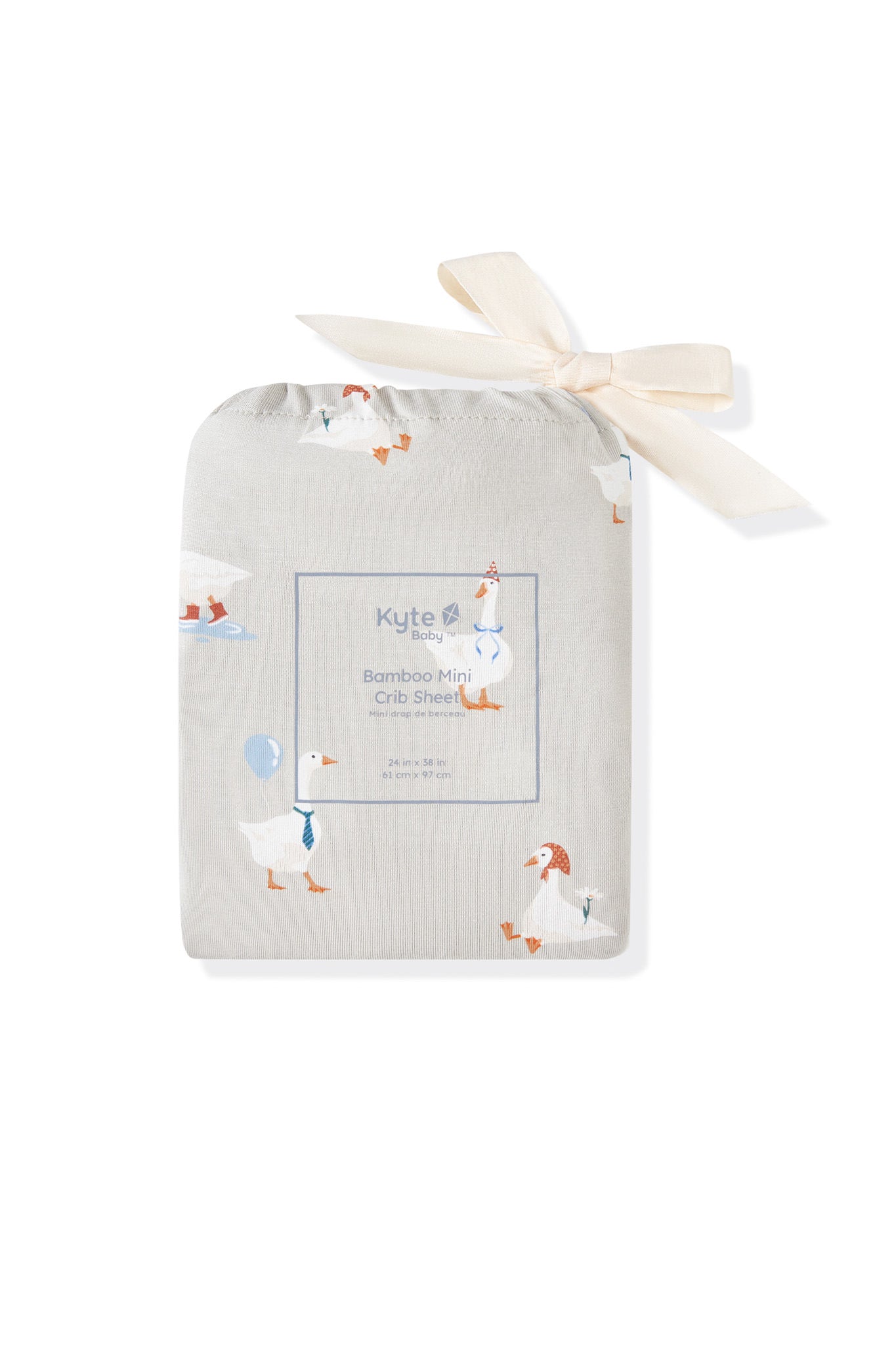 Mini Crib Sheet packed in a bag with Oat Silly Goose print on a white background