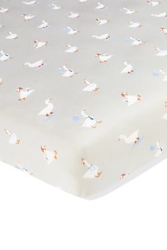 Mini Crib Sheet in Oat Silly Goose print on a white background