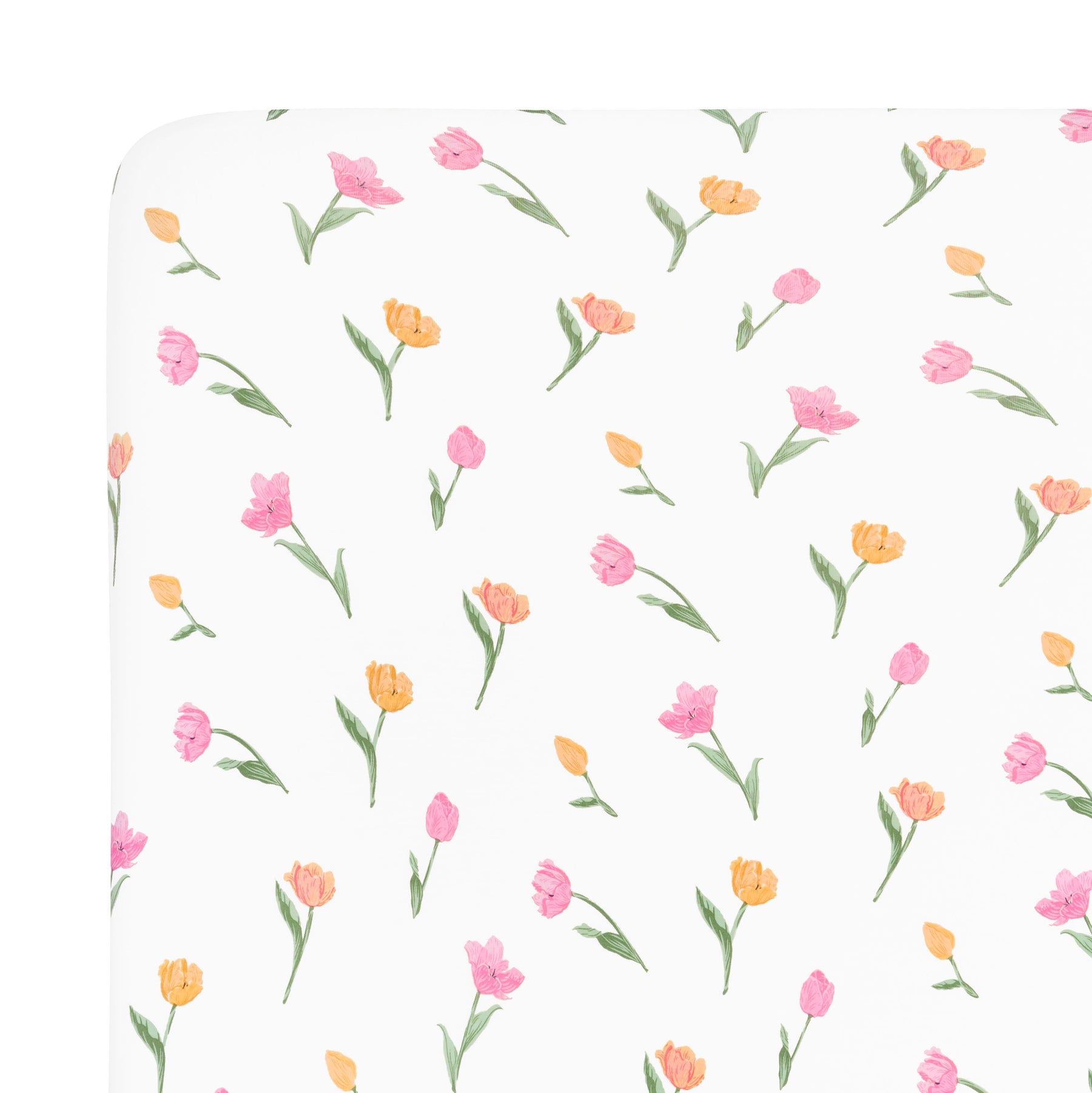 Close up of the Mini Crib Sheet in Tulip shown on a mattress