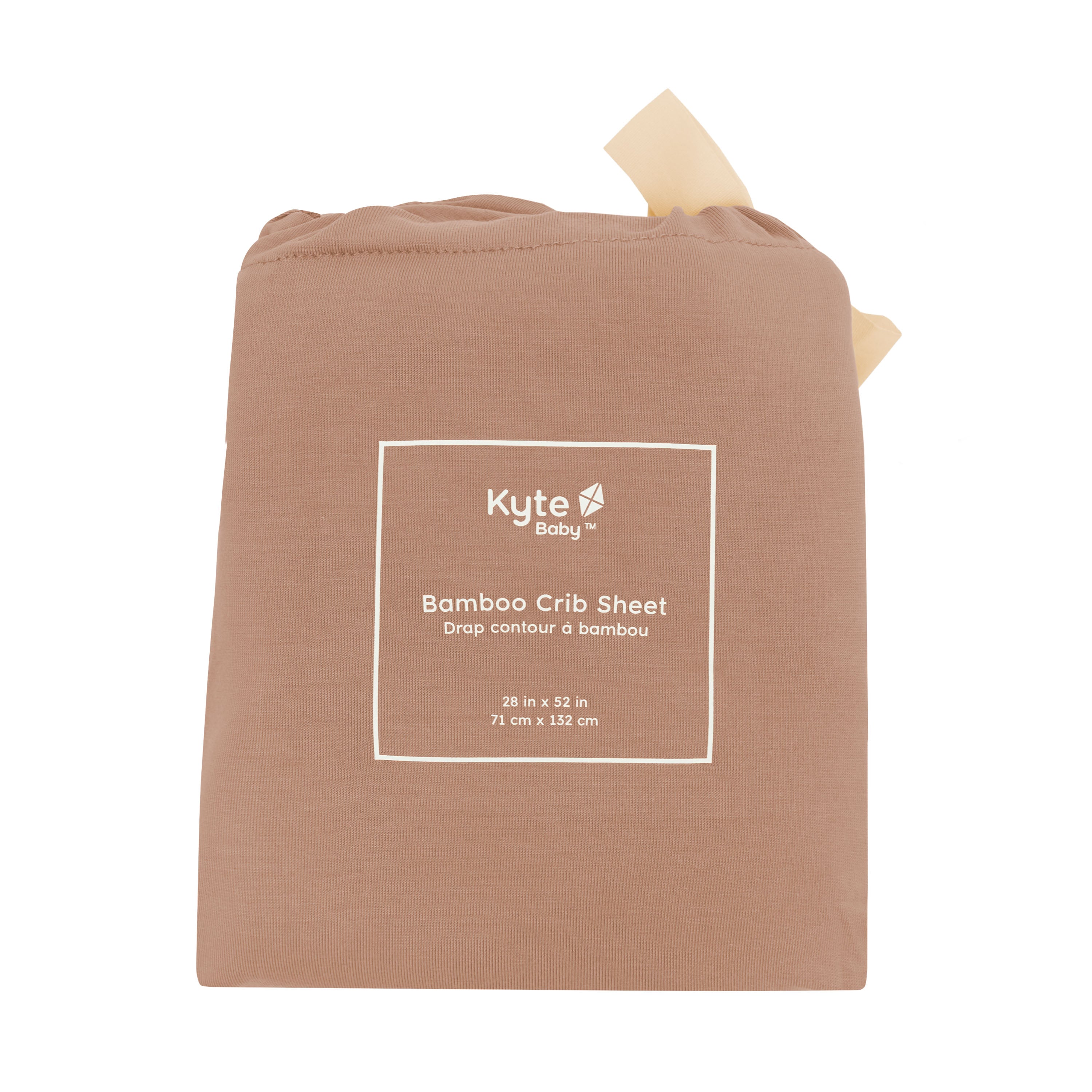 Crib Sheet in Latte shown in its packaging