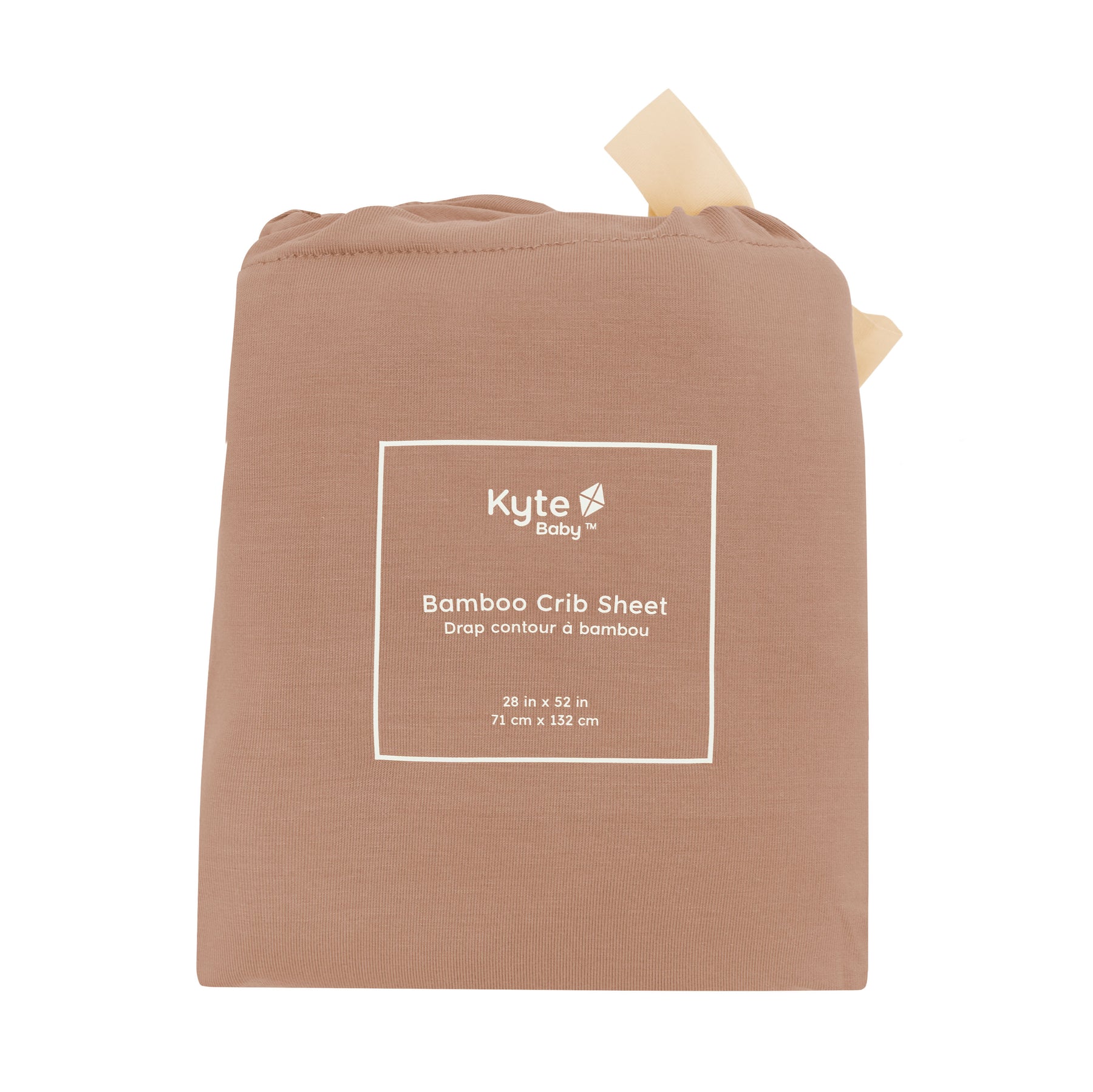 Crib Sheet in Latte shown in its packaging