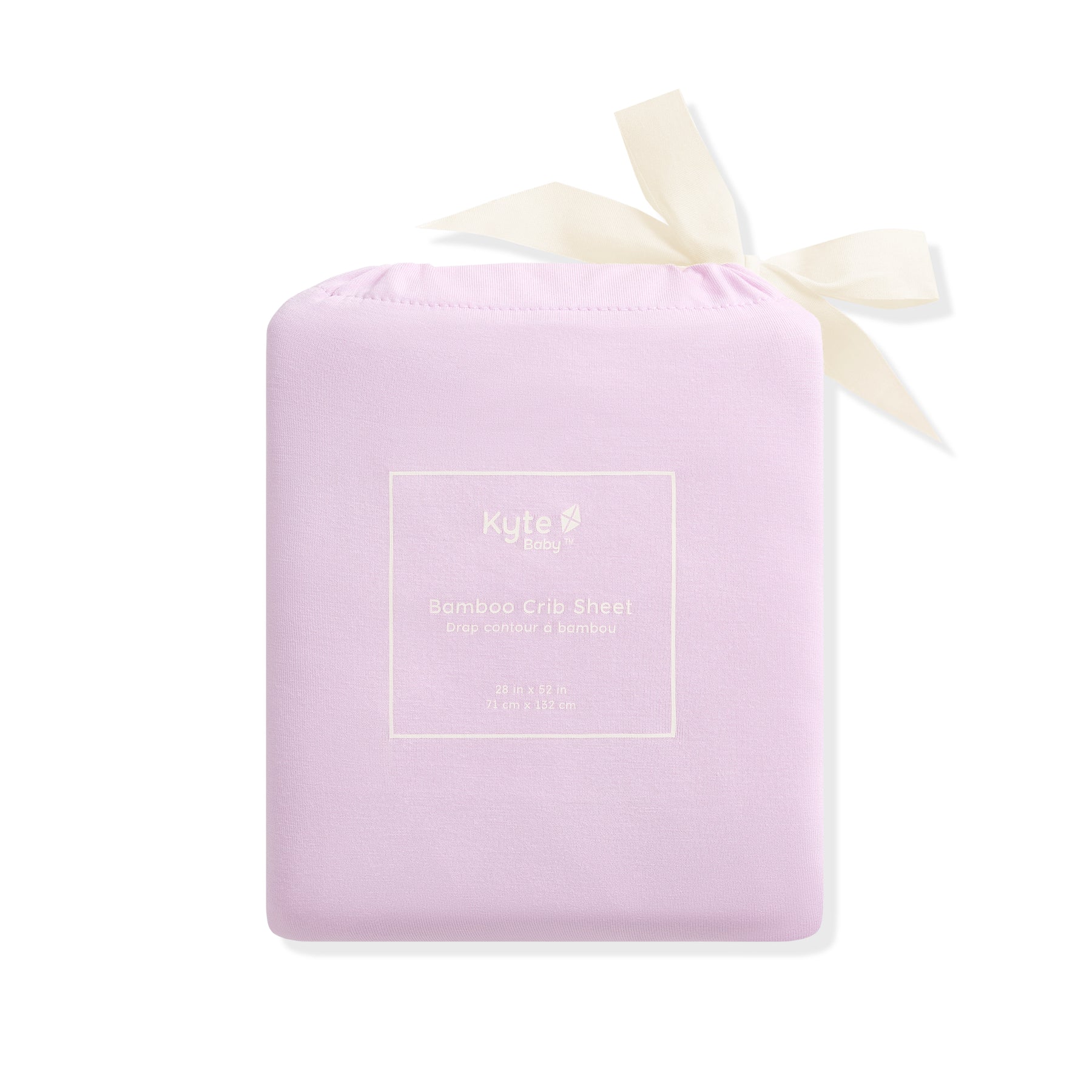 Purple fabric package with a white ribbon on a white background