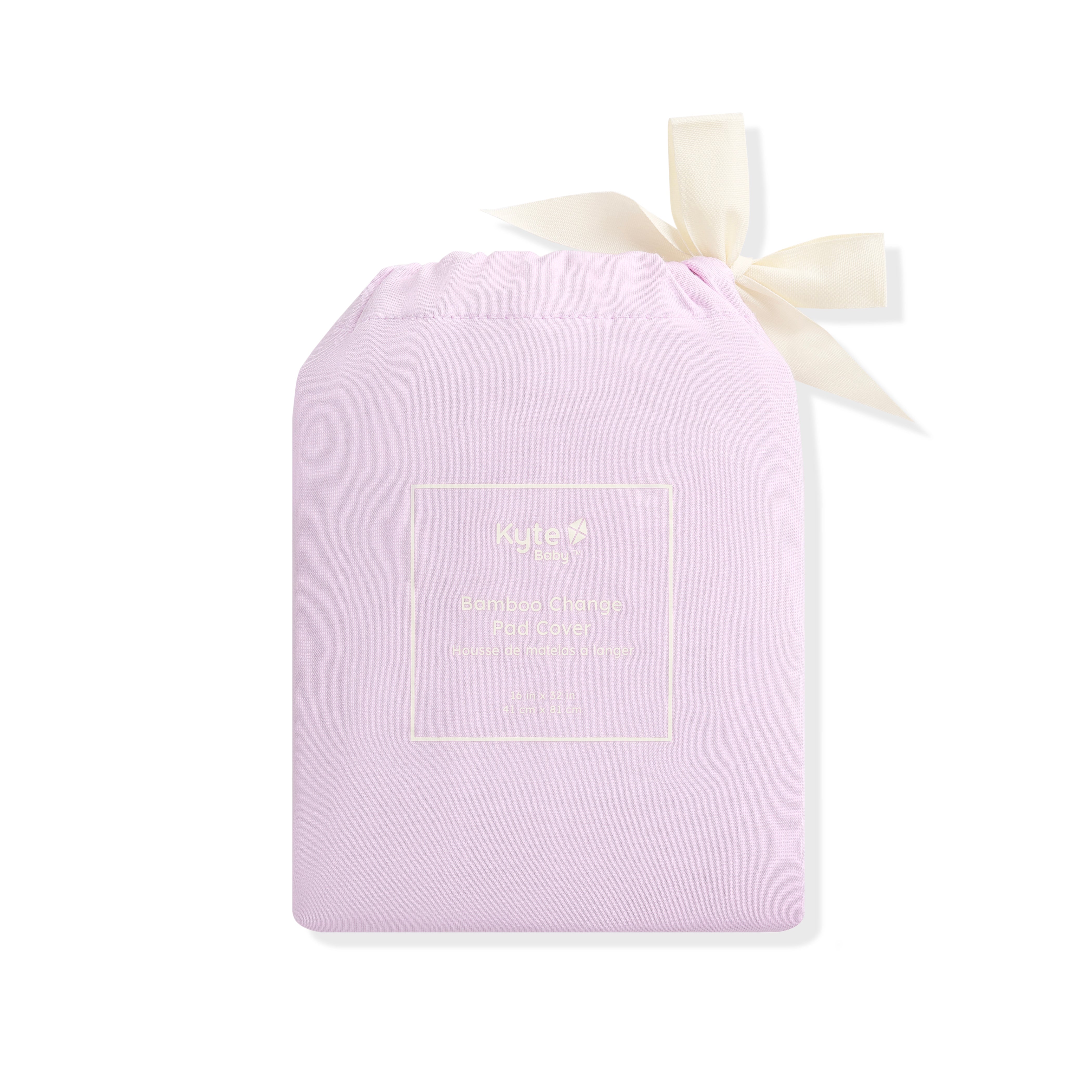 Lavender drawstring bag with a white bow on a white background