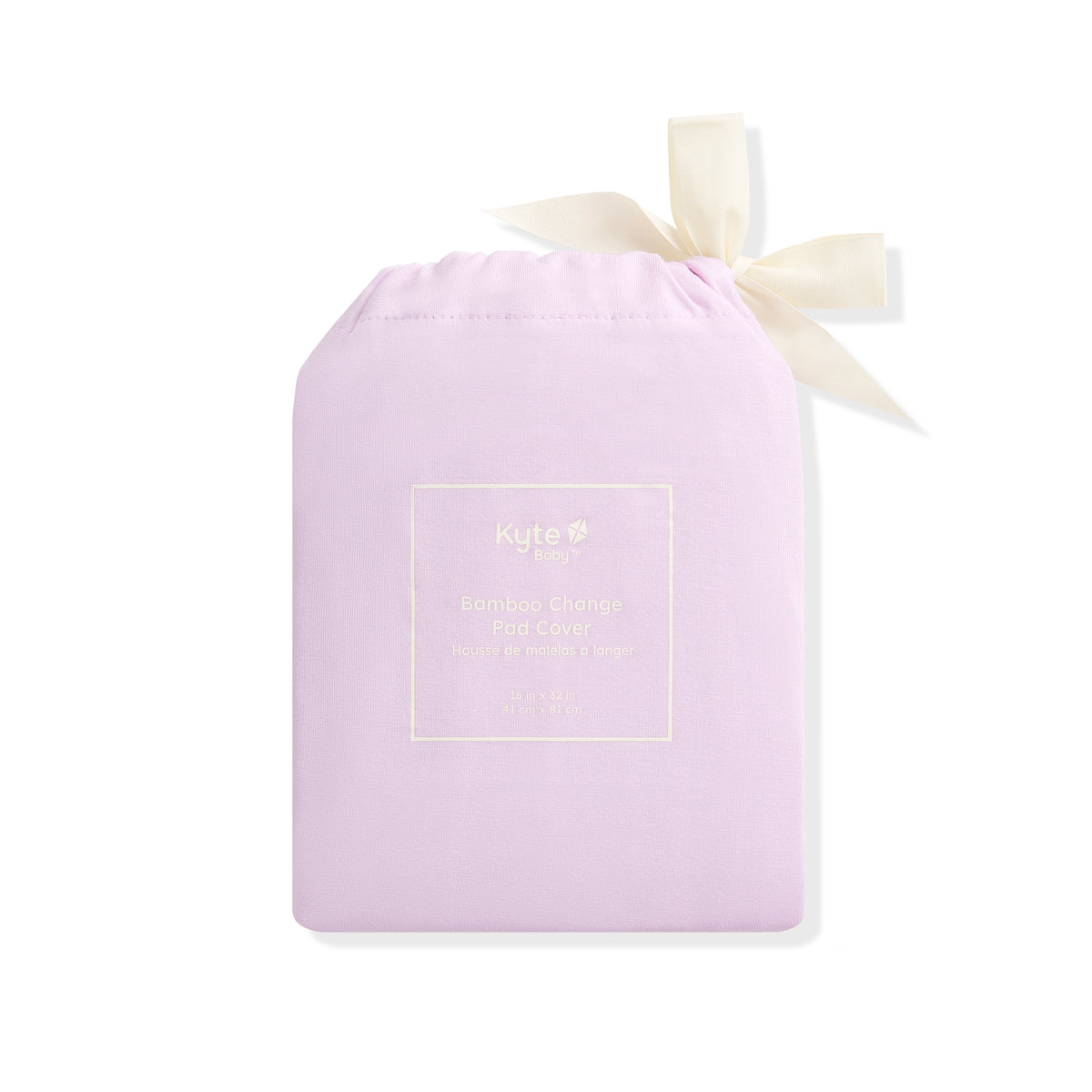 Lavender drawstring bag with a white bow on a white background