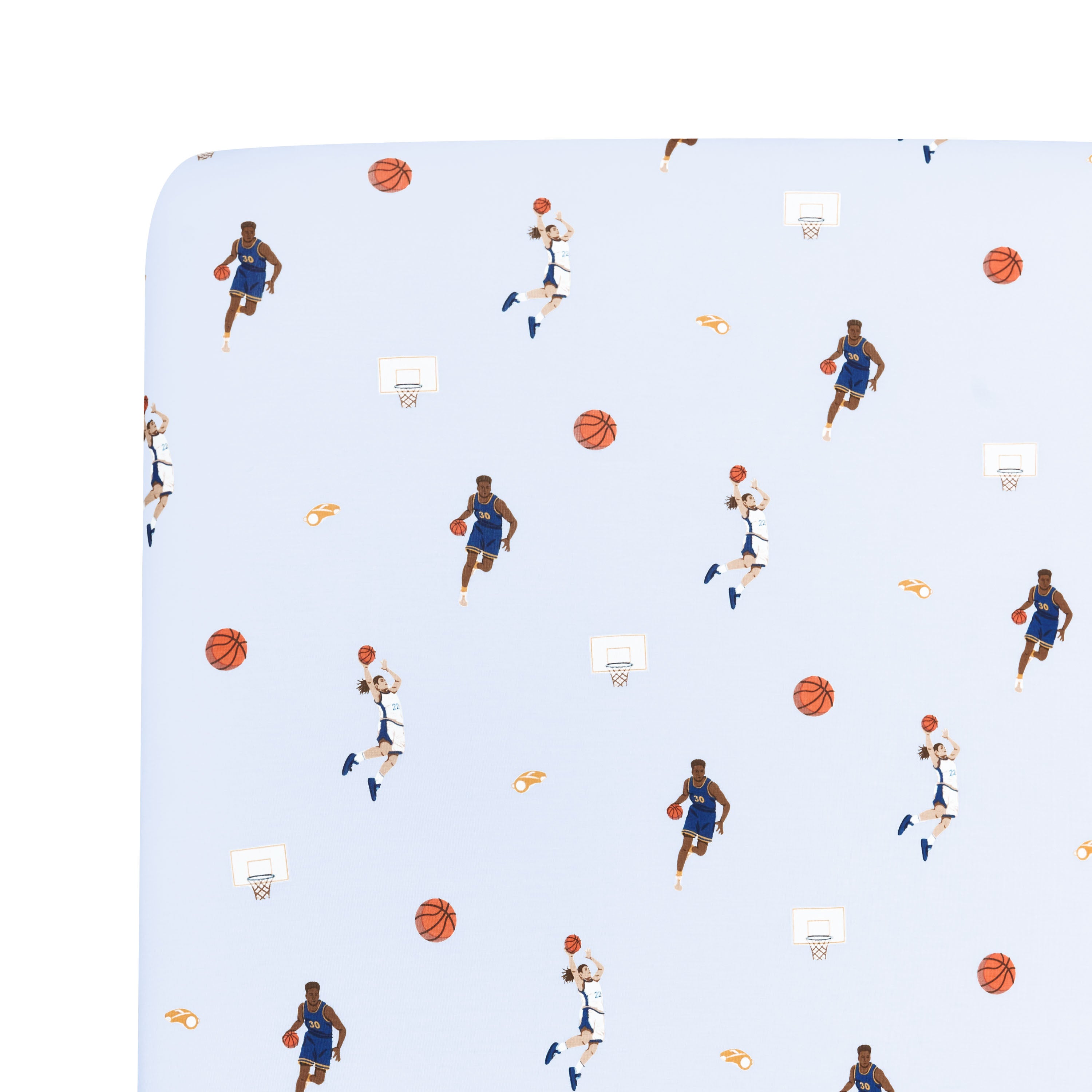 Close up of a corner of the Crib Sheet in Basketball on a mattress