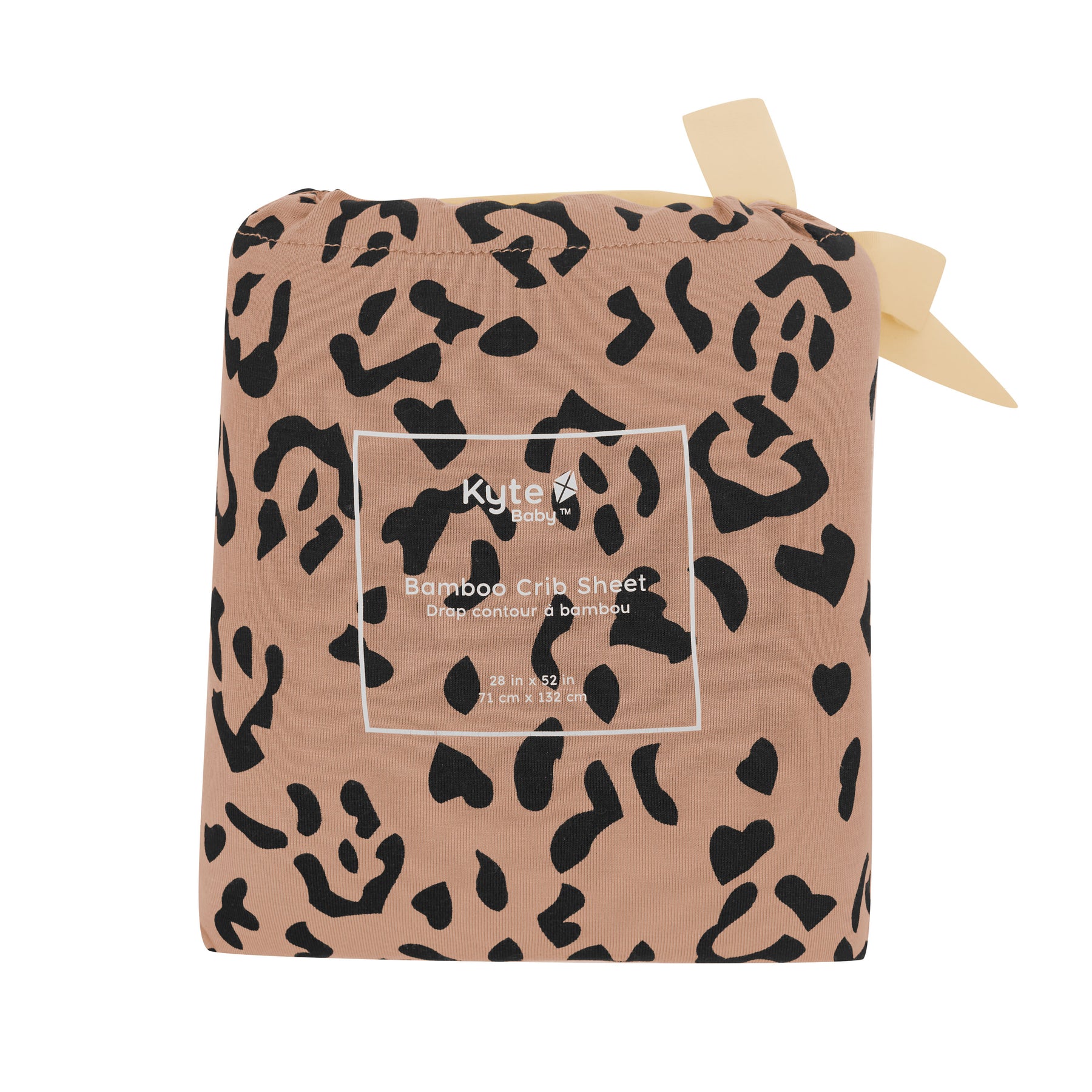 Crib Sheet in Latte Leopard shown in its packaging
