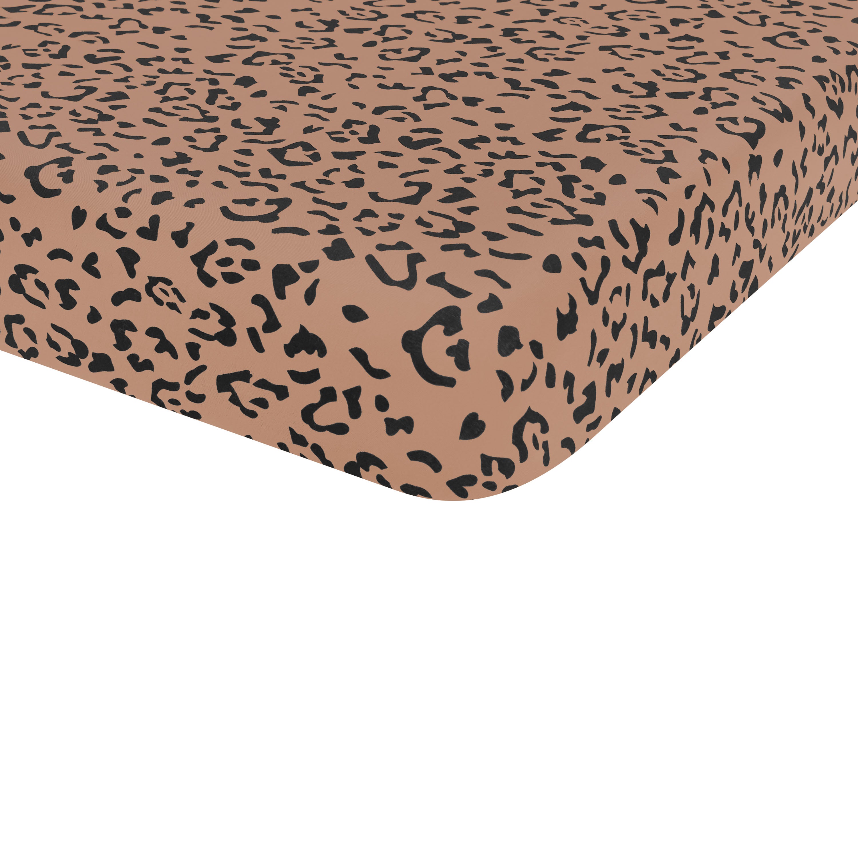 Corner of the Crib Sheet in Latte Leopard shown on a crib mattress