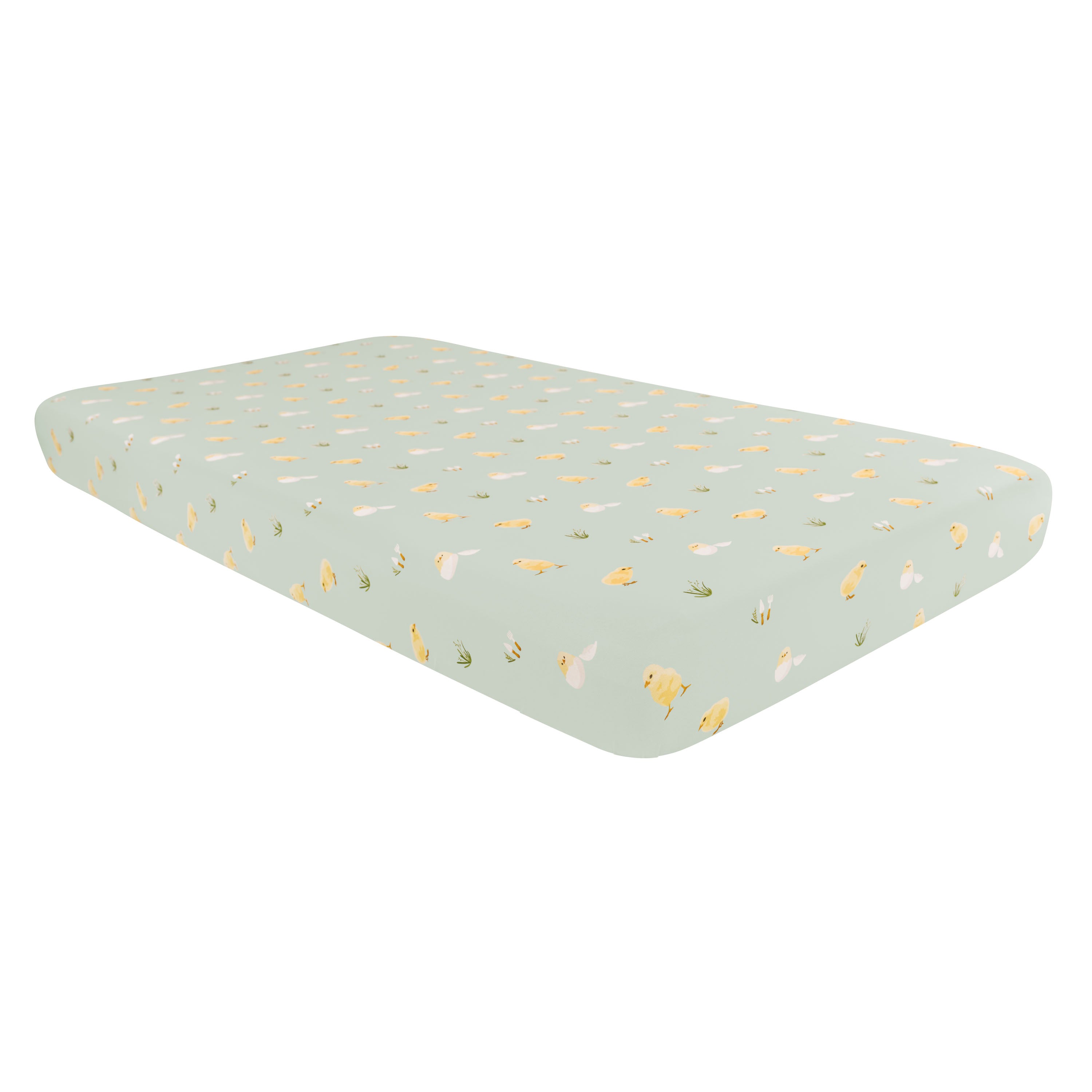 Crib Sheet in Aloe Chick on mattress