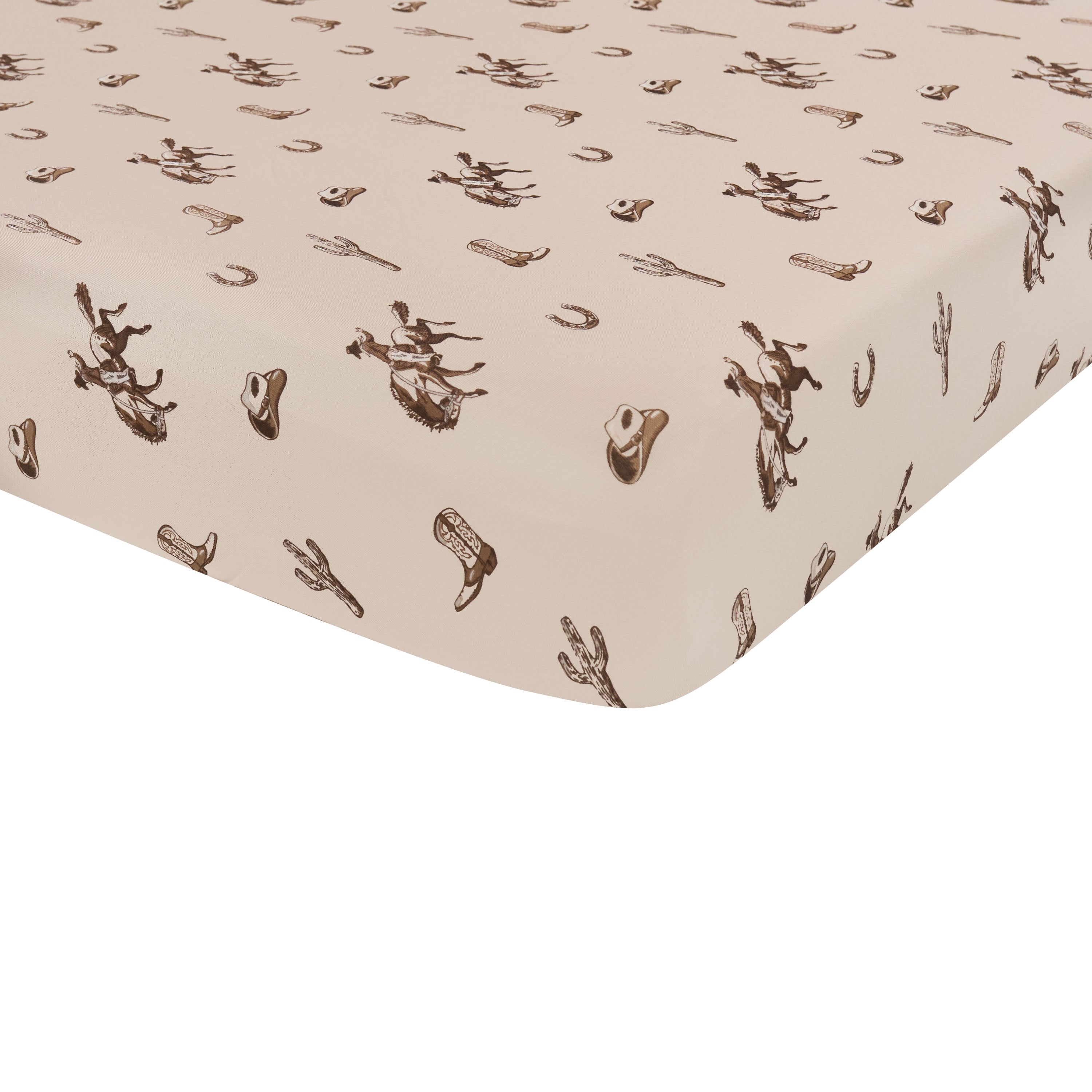 Corner of the Crib Sheet in Classic Cowboy shown on a crib mattress