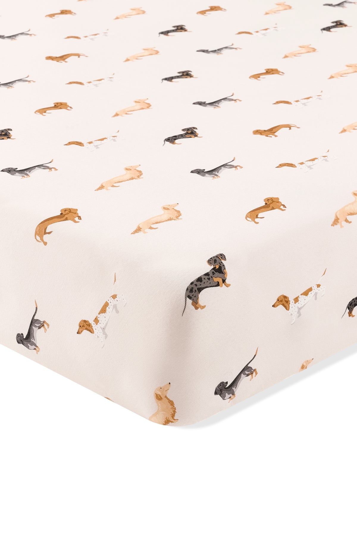 Beige Crib sheet with Dachshund print on a white background