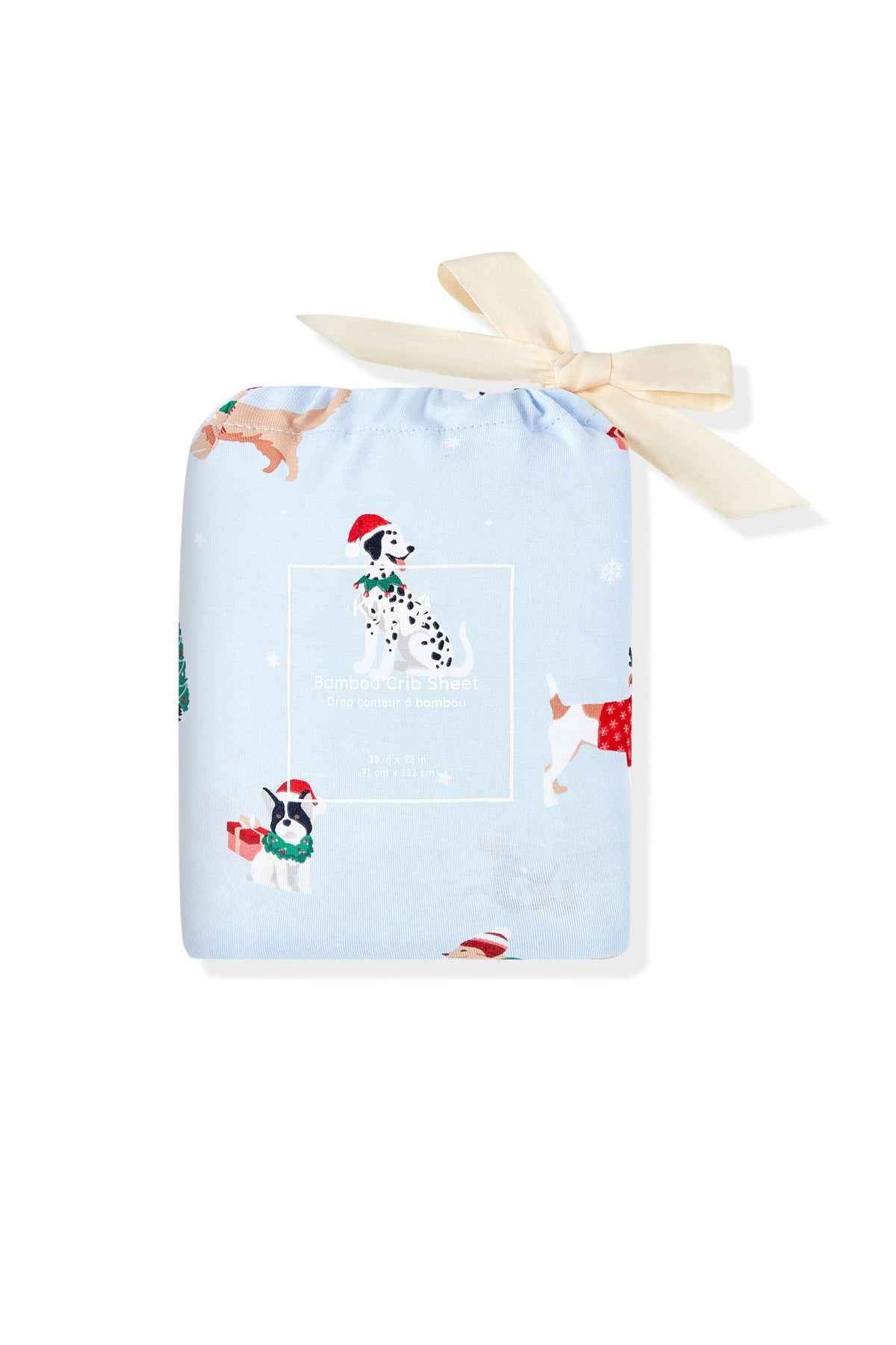 Blue Crib Sheet packed in a bag with Holiday Pups print on a white background