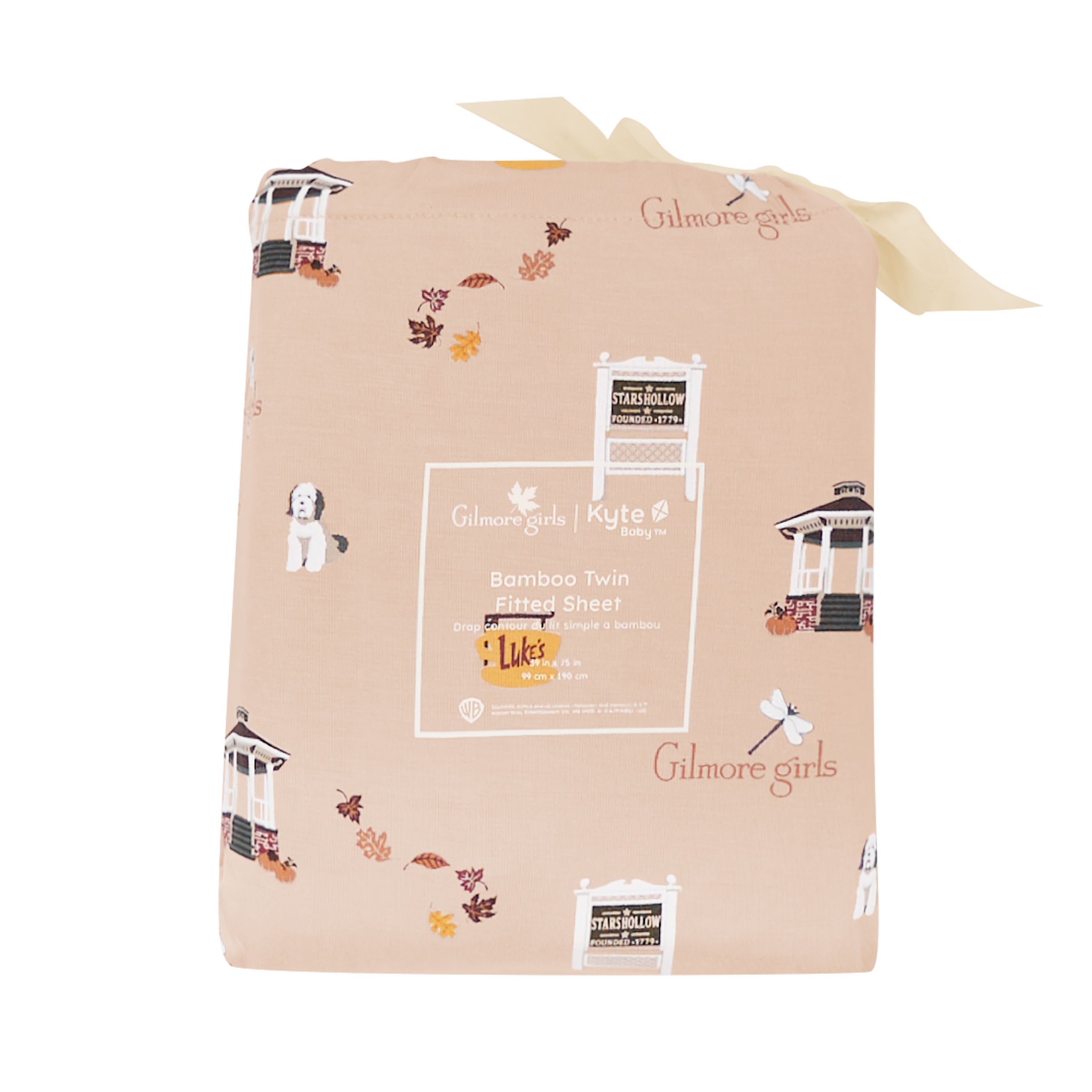 Packaged twin sheet product with 'Gilmore Girls' branding on a beige background