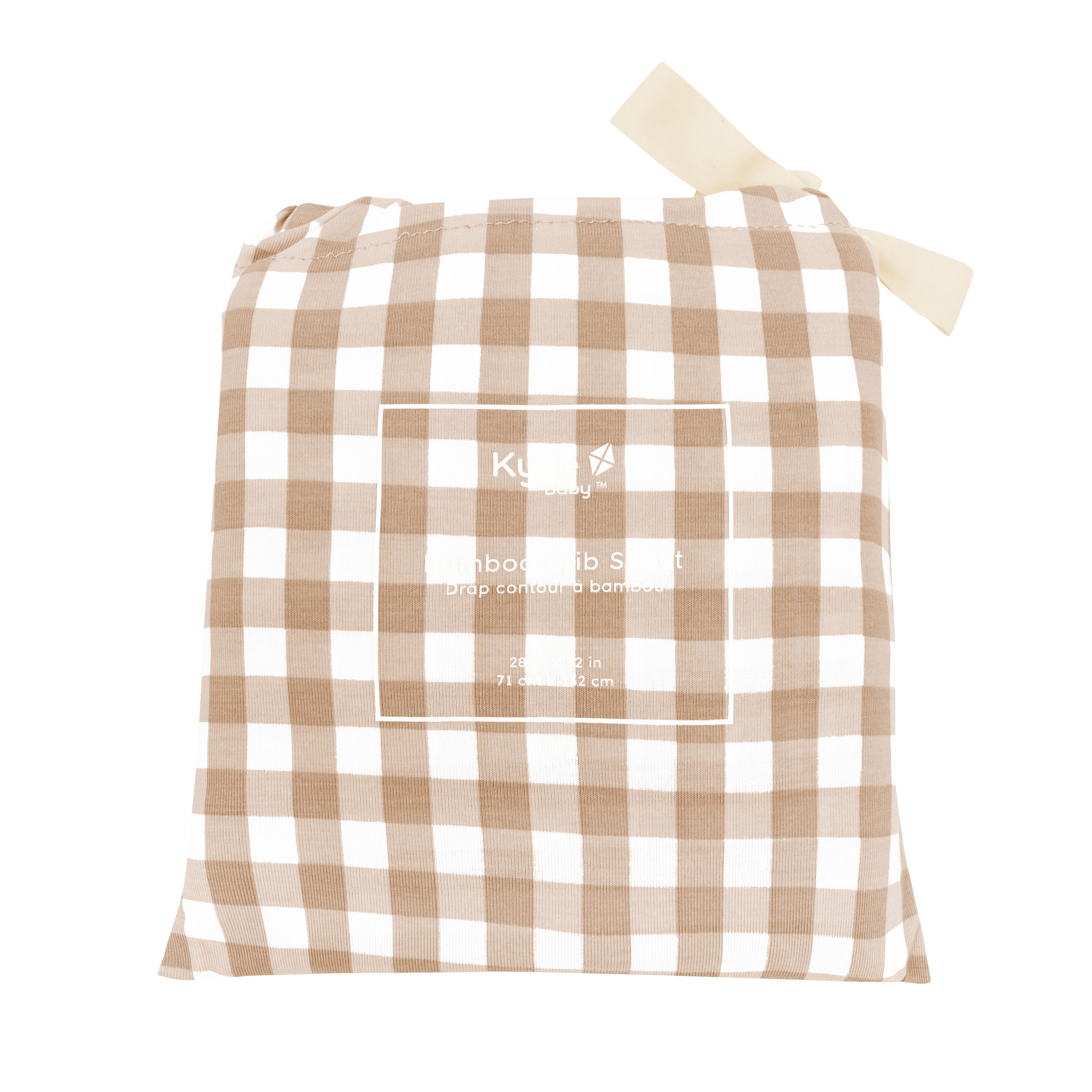 Crib Sheet in Gingham Bisque shown in its packaging