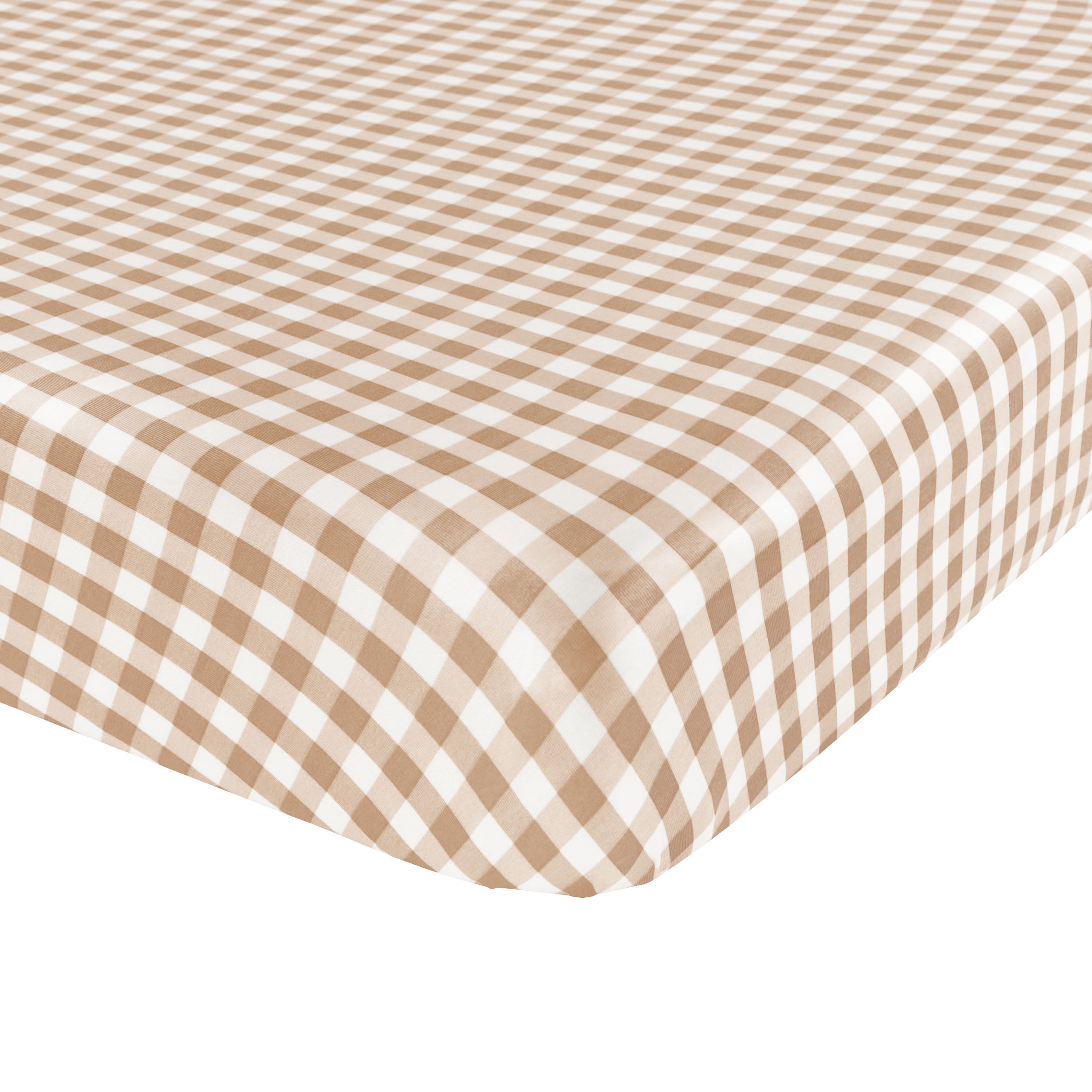 Corner of the Crib Sheet in Gingham Bisque shown on a crib mattress