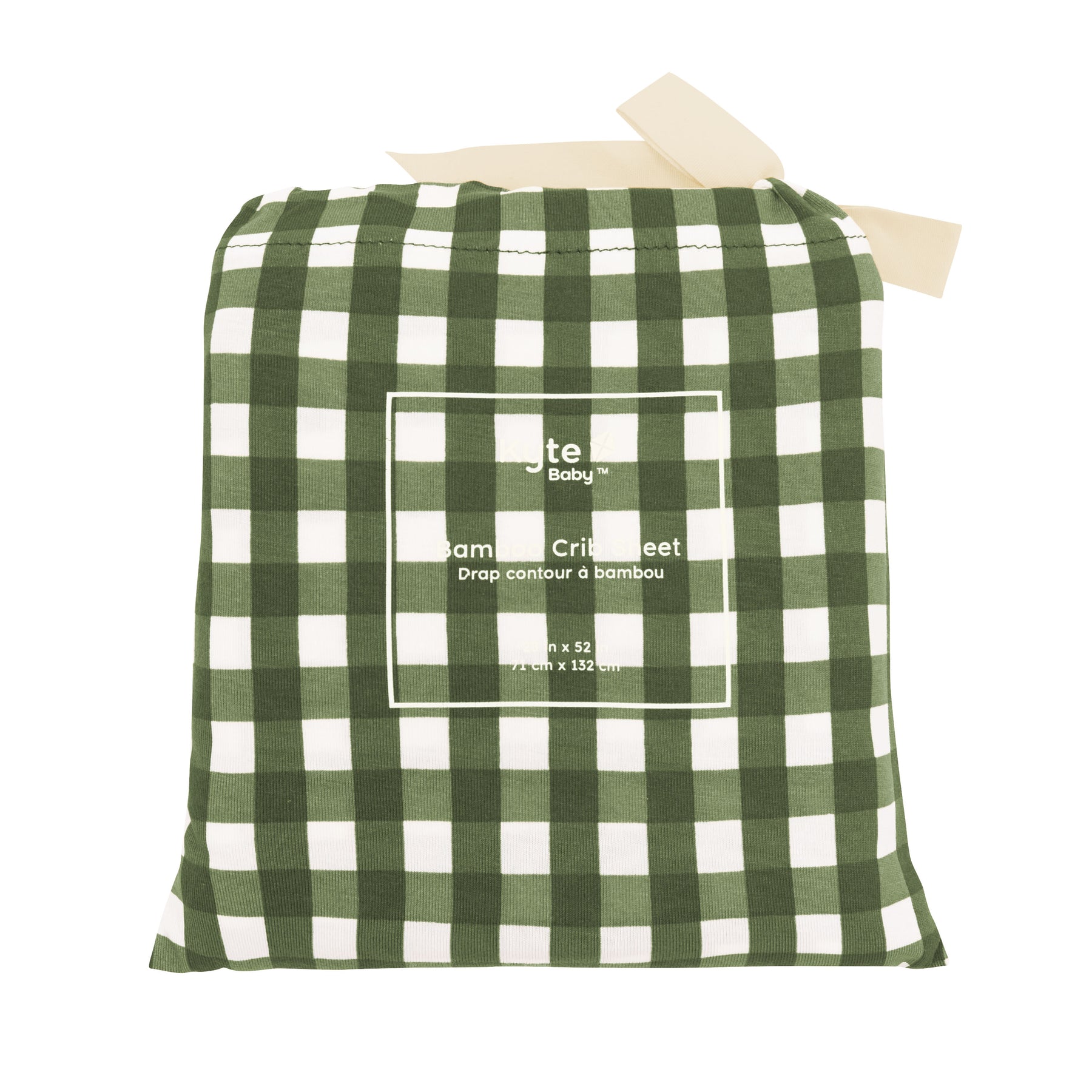 Crib Sheet in Gingham Fir shown in its packaging