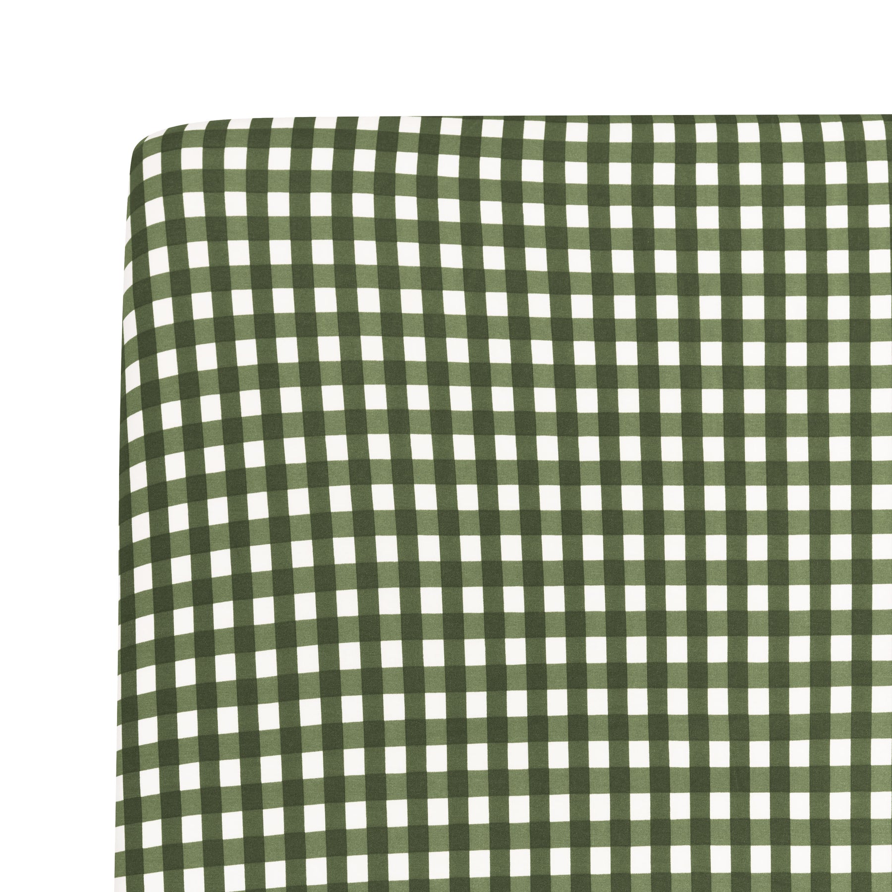 Close up of a corner on the Crib Sheet in Gingham Fir 