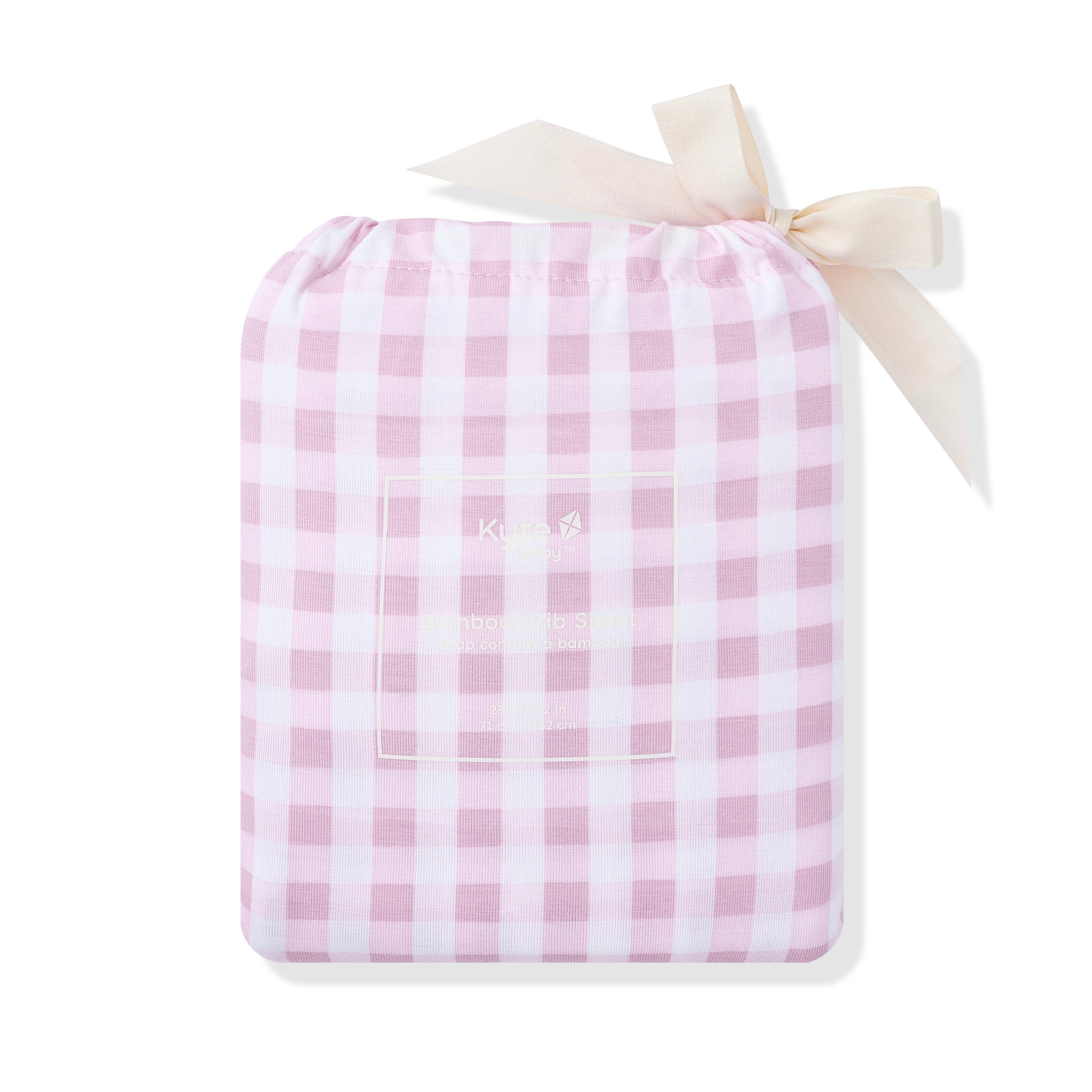 Crib Sheet in Gingham Thistle shown in its packaging