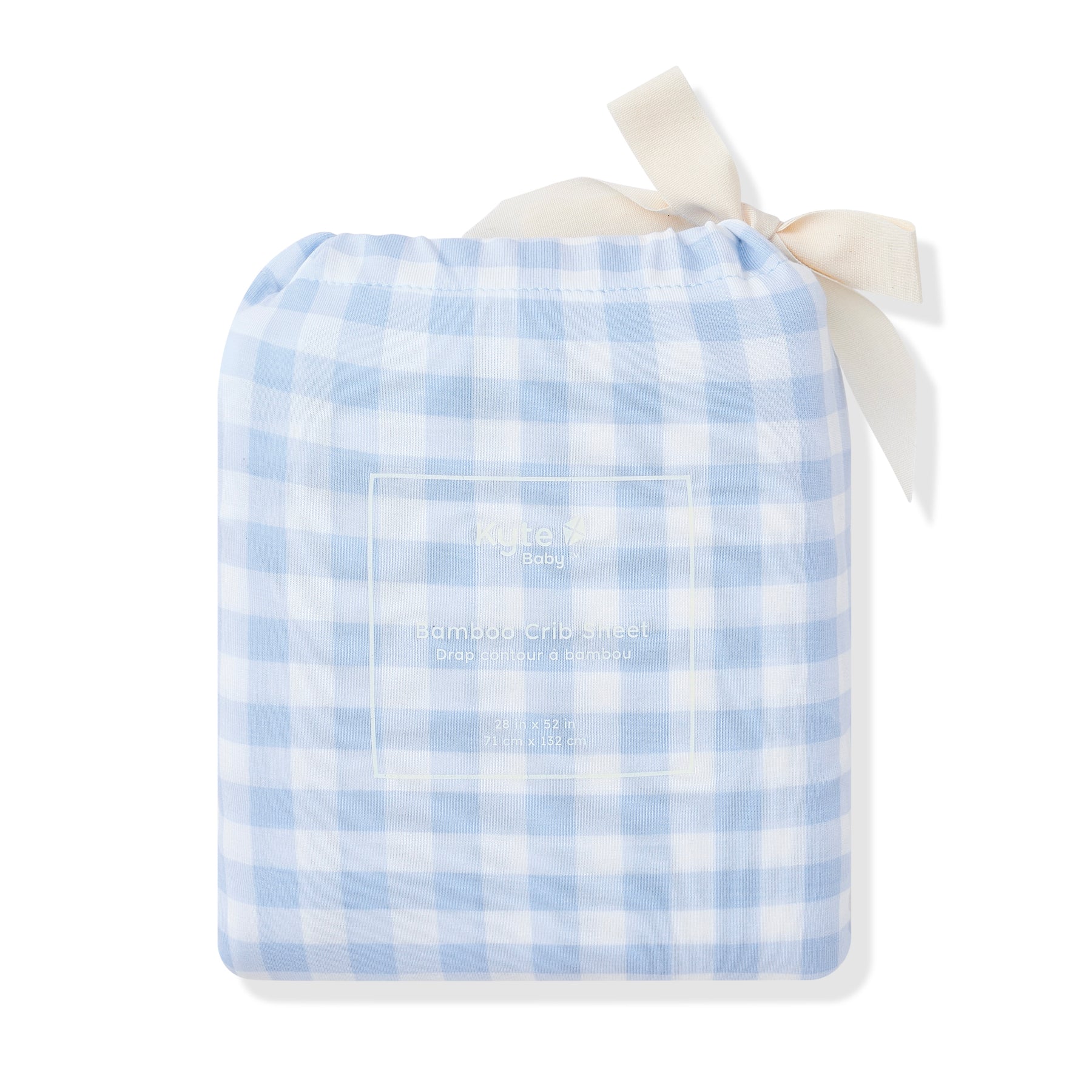Crib Sheet in Gingham Breeze shown in its packaging