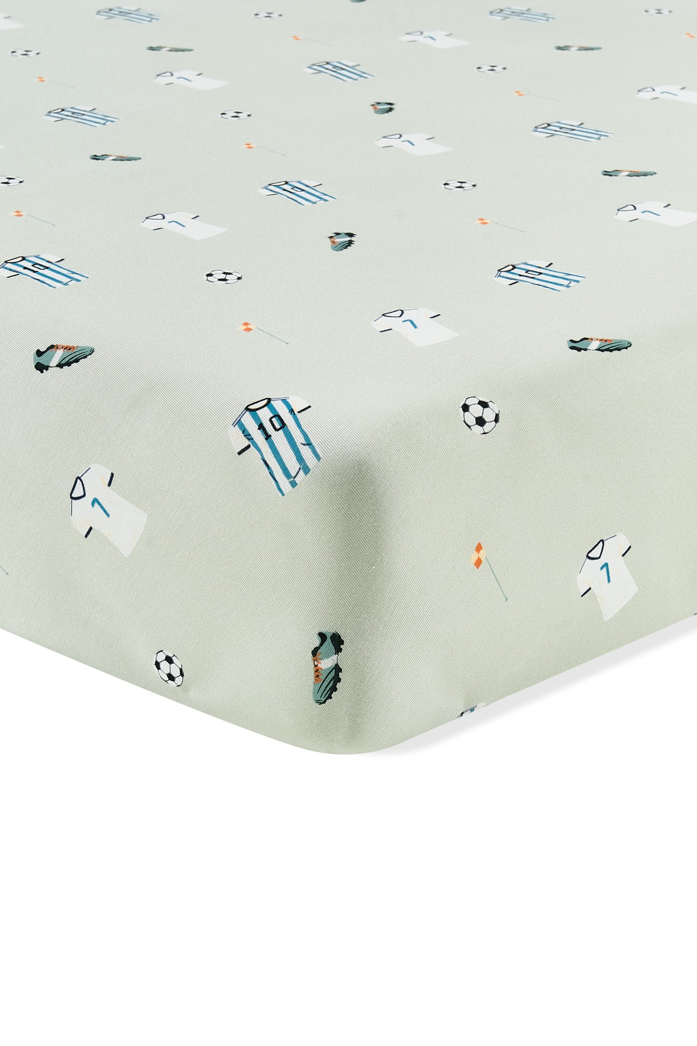 Crib Sheet in Soccer print on white background