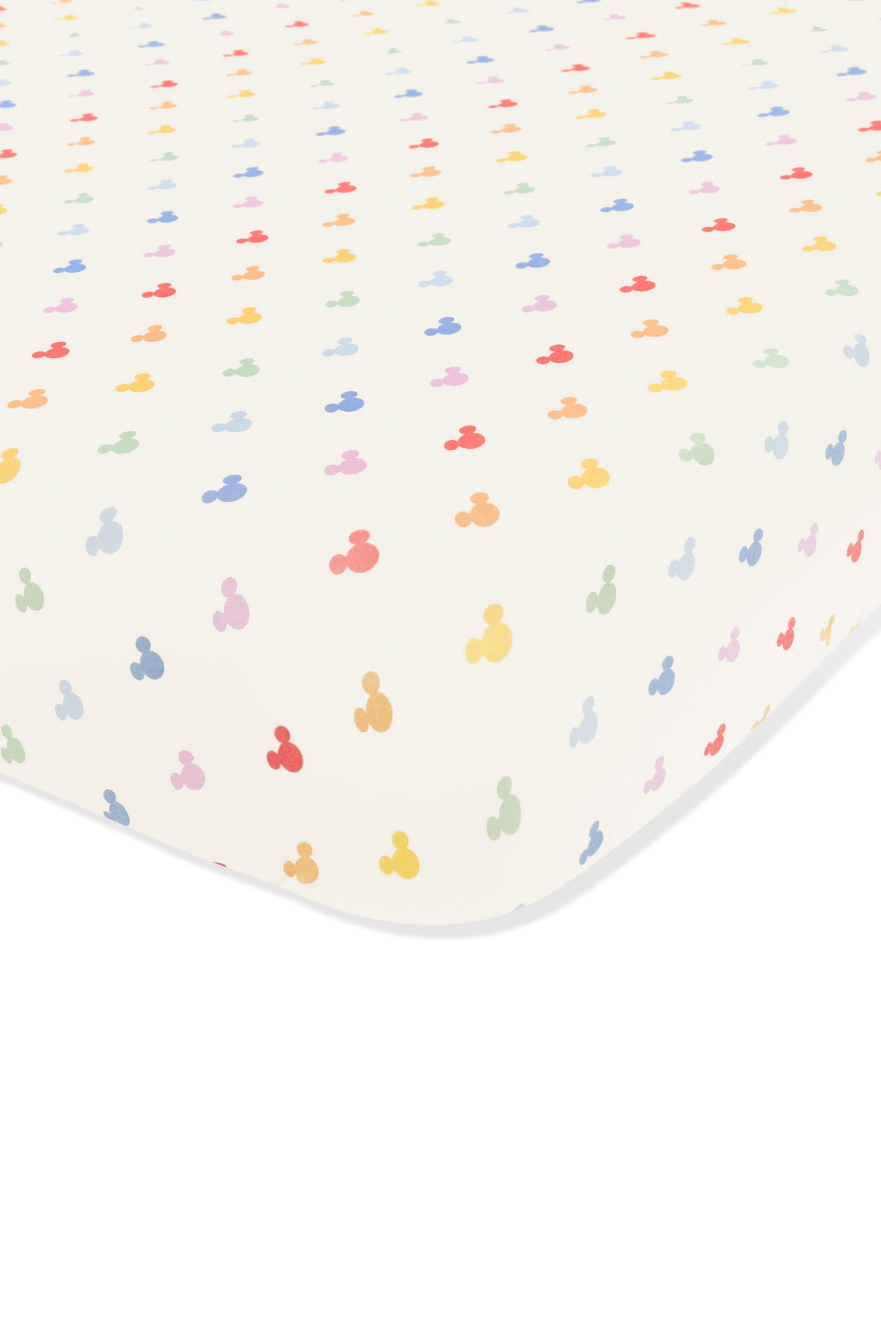 Crib sheet with pastel mickey mouse pattern on an oat background
