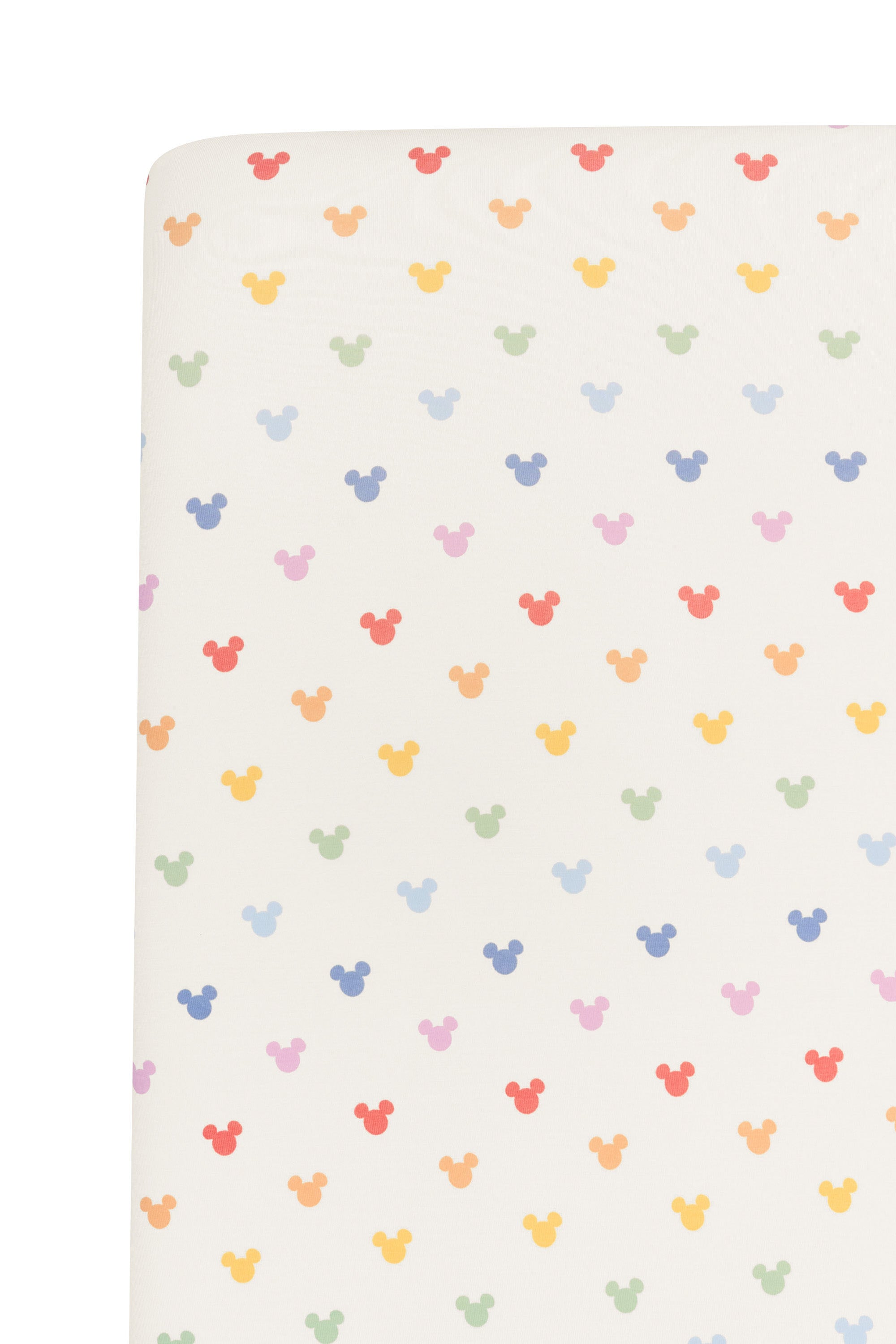 Fabric with pastel mickey mouse icons on an oat background
